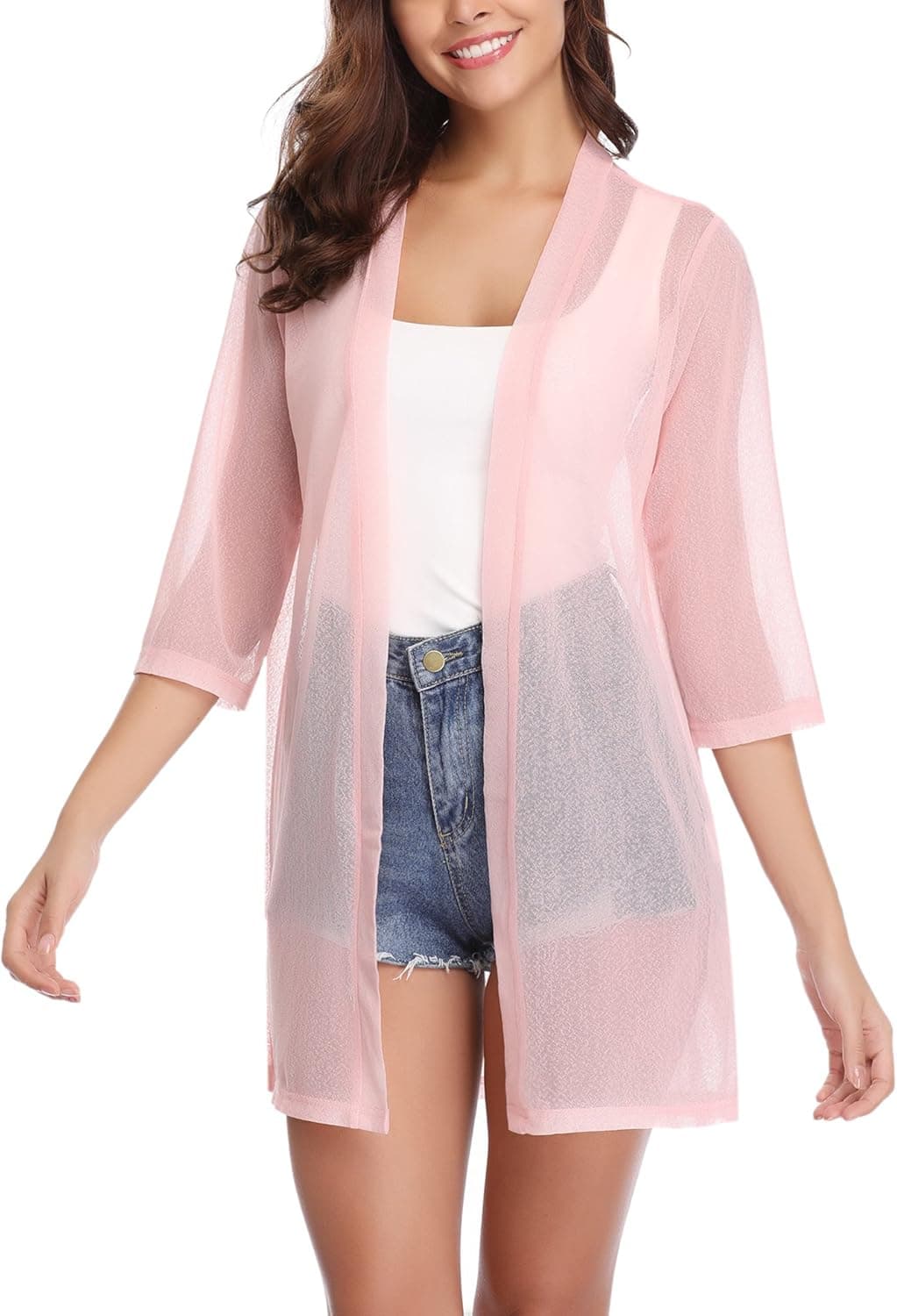 iClosam Women Casual 3/4 Sleeve Sheer Open Front Cardigan Sweater Kimono