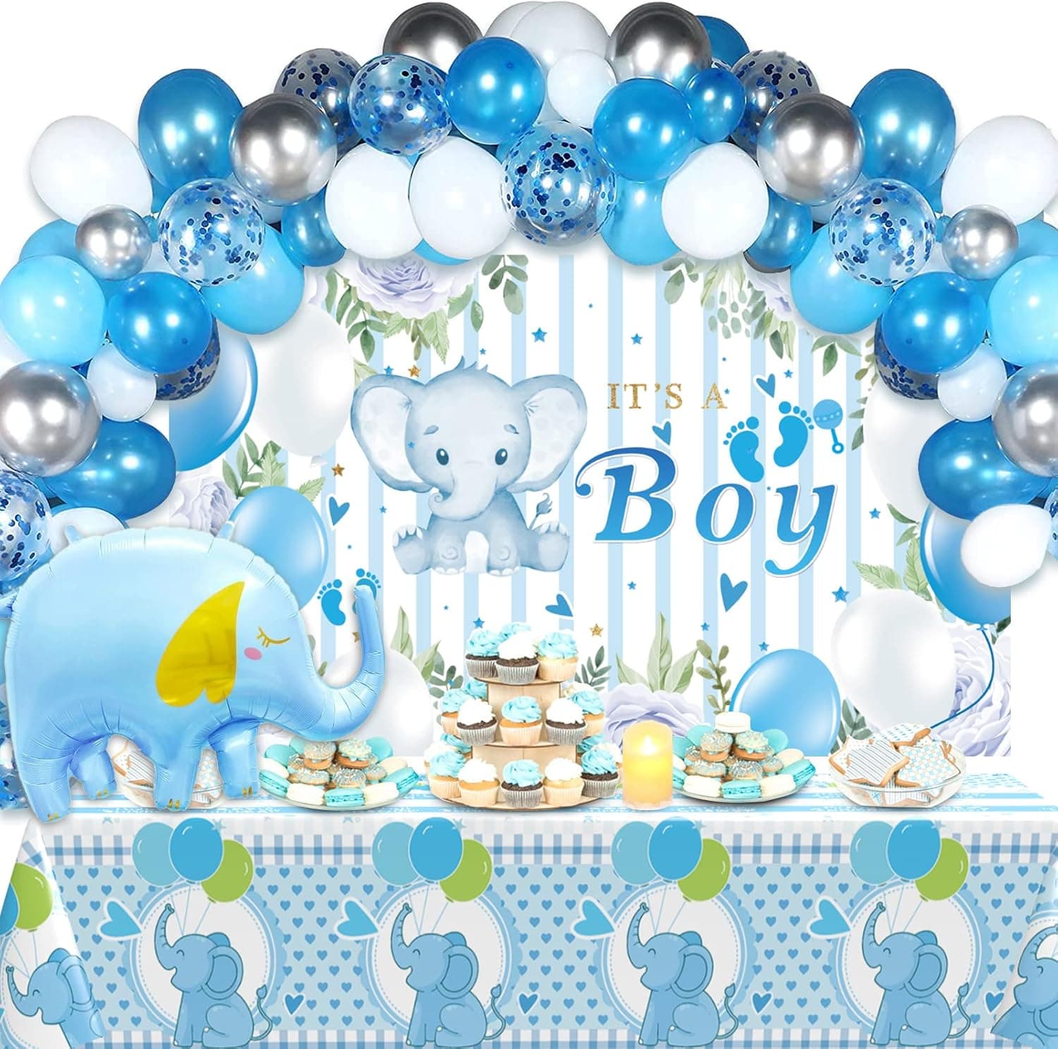 Blue Baby Shower Decorations for Boy Blue Elephant Baby Shower Balloon Garland with Elephant Tablecloth and Gender Reveal Backdrop for Boys Baby Shower Gender Reveal Party Supplies