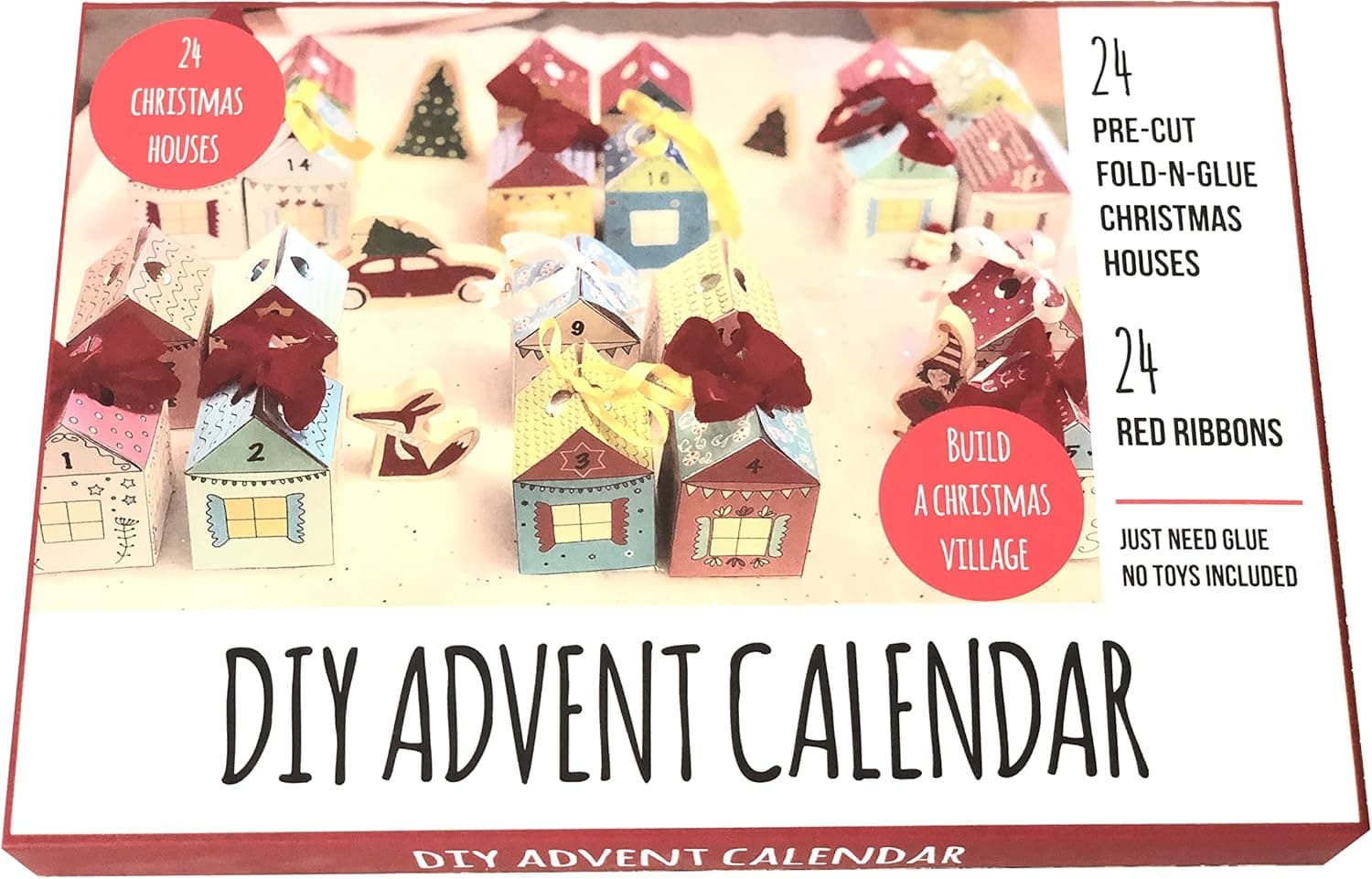 CreativeMango DIY Advent Calendar Kit. Christmas Village. 24 Christmas houses. Includes 24 fold-n-glue houses + ribbons.
