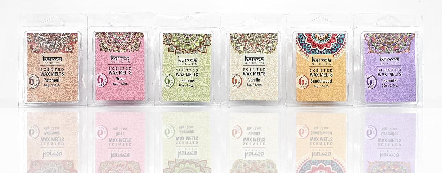 Karma Scents Premium Wax Melts 6 pack Gift set, Patchouli, Rose, Jasmine, Vanilla, Sandalwood and Lavender by