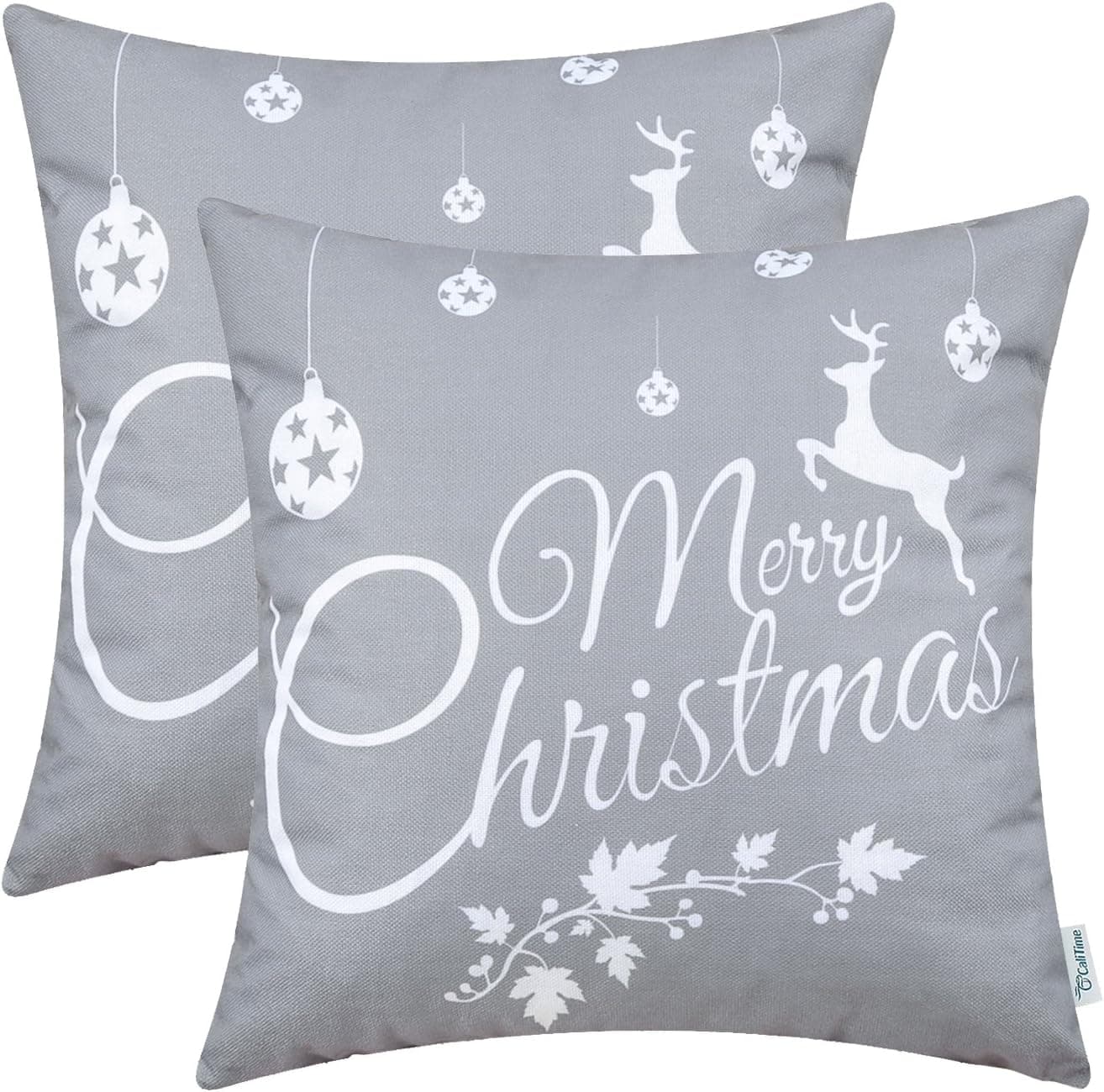 CaliTime Pack of 2 Soft Canvas Throw Pillow Covers Cases for Couch Sofa Home Decoration Merry Christmas White Reindeer 18 X 18 Inches Gray
