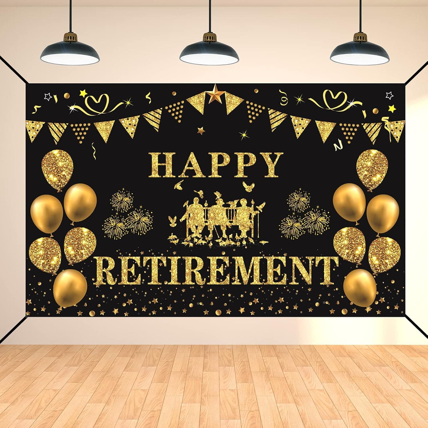 DARUNAXY Happy Retirement Banner Extra Large Fabric Retirement Party Decoration Backdrop for Women Men Black and Gold Retire Photography Background Party Supplies for Indoor Outdoor(6 X 3.6 Ft )