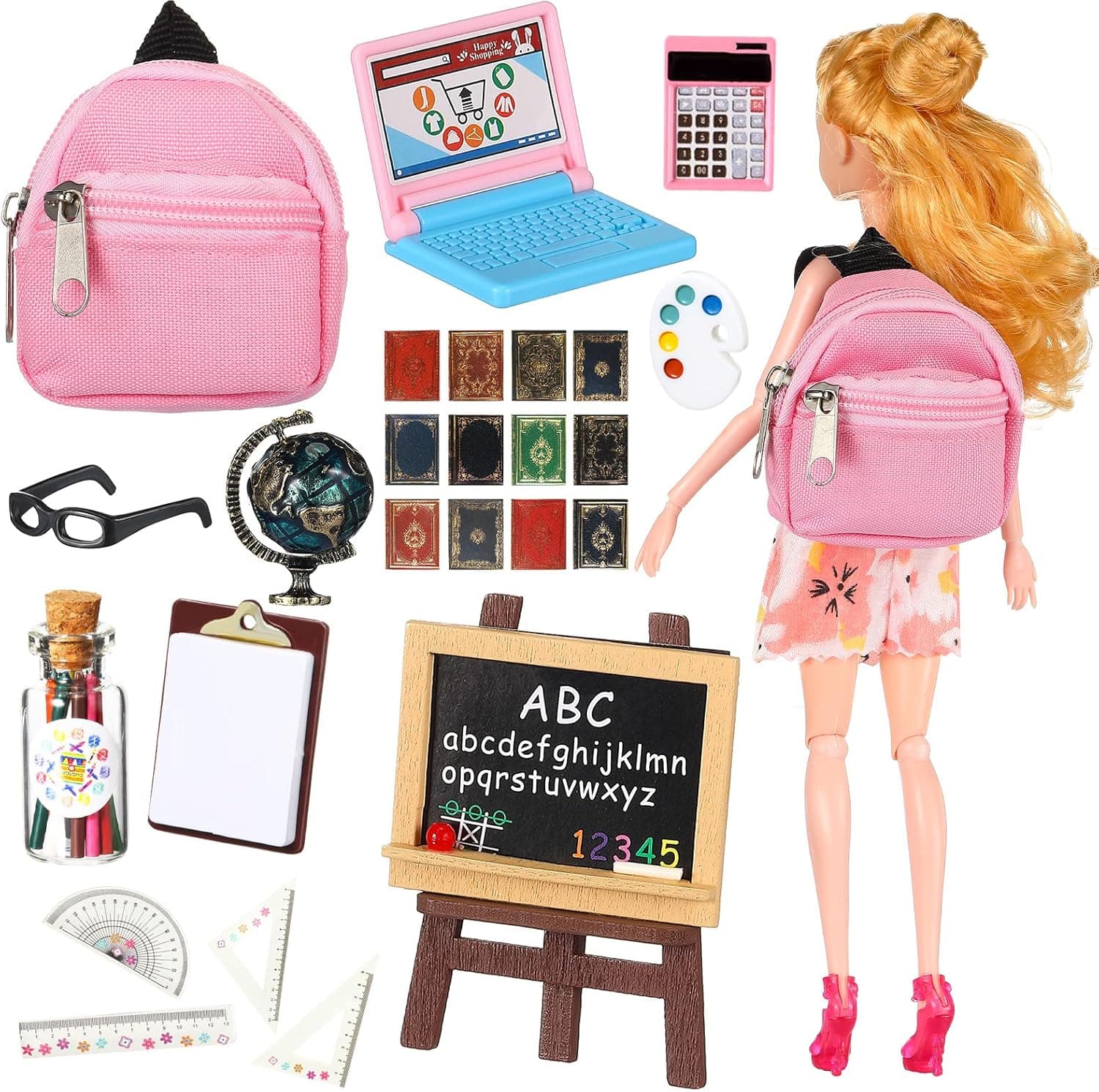 HyDren 23 Pieces Doll School Supplies Mini School Supplies for Dolls Kit Including Mini Zipper Doll Backpack Blackboard Glasses Miniature Books Palette Paper Clipboard Pencil Rulers Doll Accessories