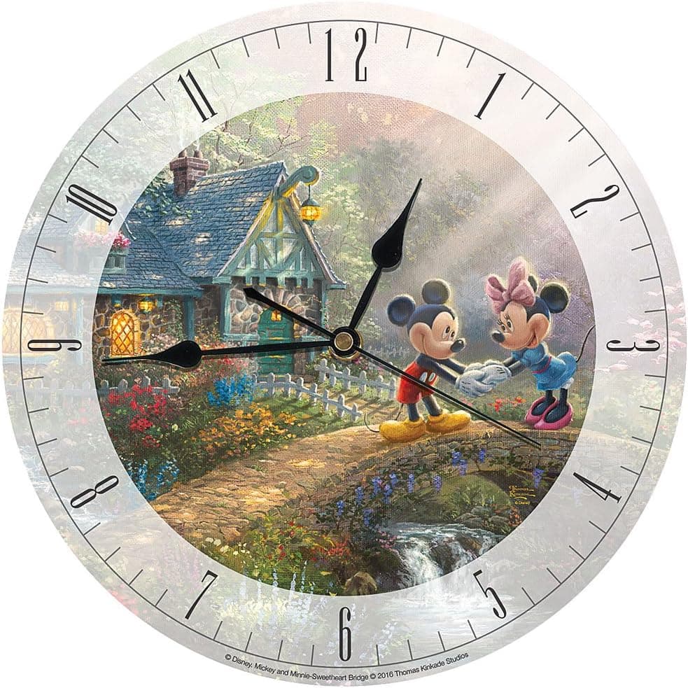 Thomas Kinkade Disney Mickey and Minnie Sweetheart Bridge Glass 12 in Clock