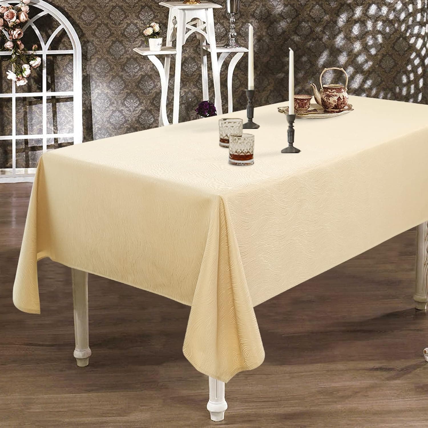 Vonabem Swirl Pattern Table Cloth, Rectangle Tablecloth with Waterproof Wrinkle Free Oil Resistant Fabric, Washable 200GSM Polyester Table Cover for Dining, Party, Buffet, Wedding (52x70 inch, Ivory)