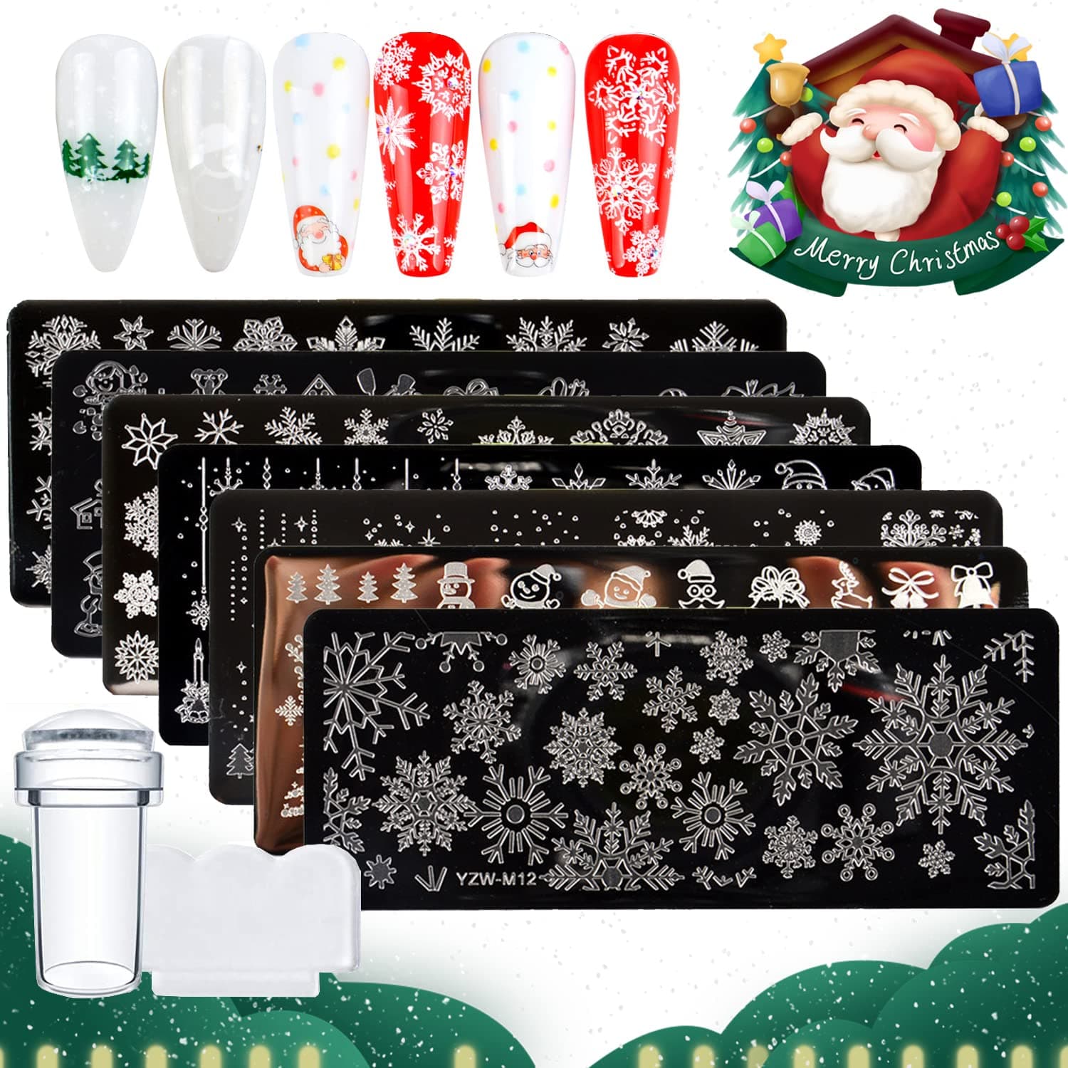 Christmas Nail Stamp Template Kit with 7 Pcs Nail Stamping Plates + 1 Stamper + 1 Scraper Snowflakes Snowmen Santa Claus Trees Design Nail Stamper Stencil Plates Set Manicure Nail Supplies