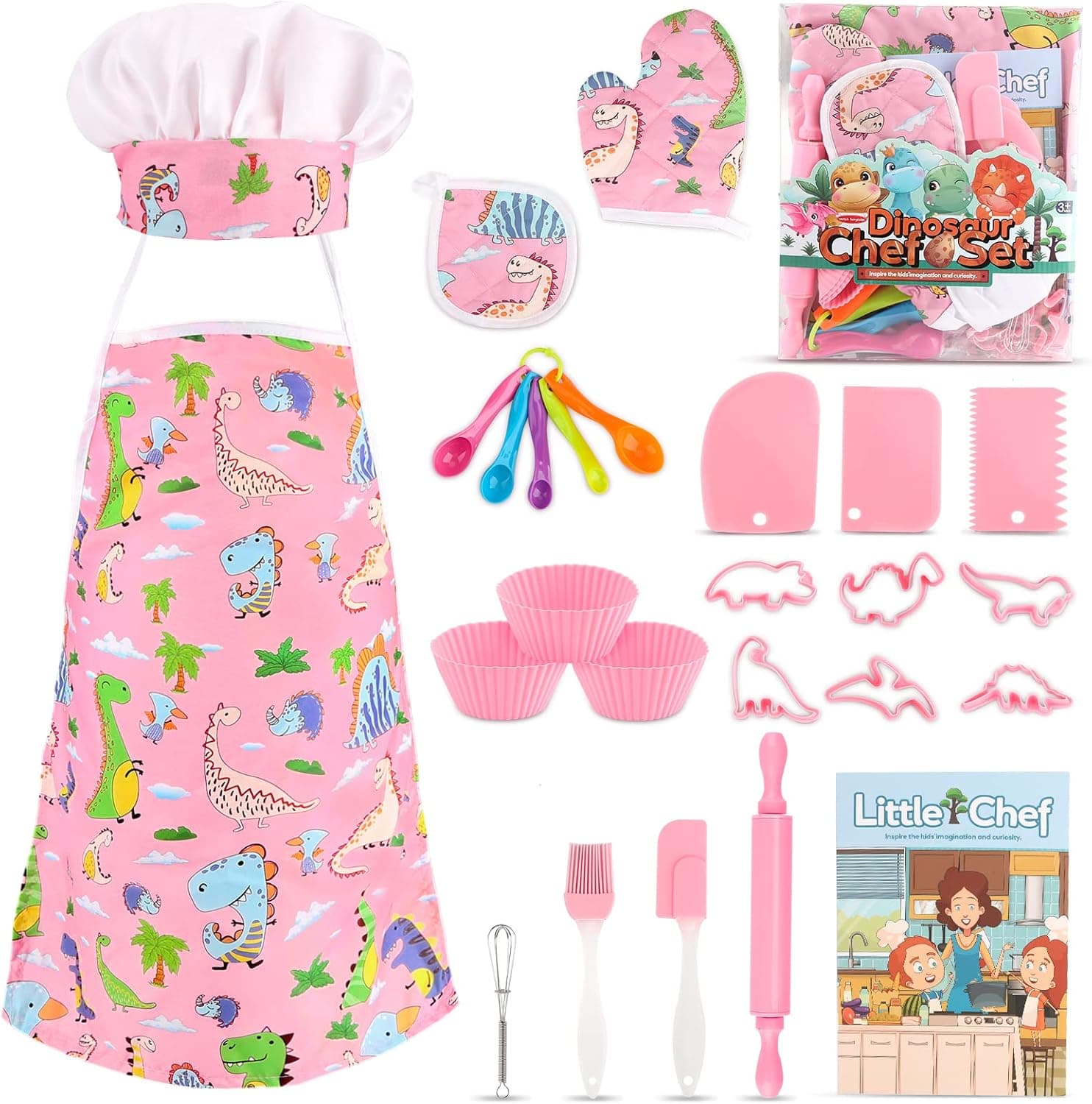 Aoskie Kids Baking Set with Chef Hat and Dinosaur Apron, Kids Chef Set for Cooking, Dress Up Role Play Toys for Little Boys Girls 3-8 Years Old