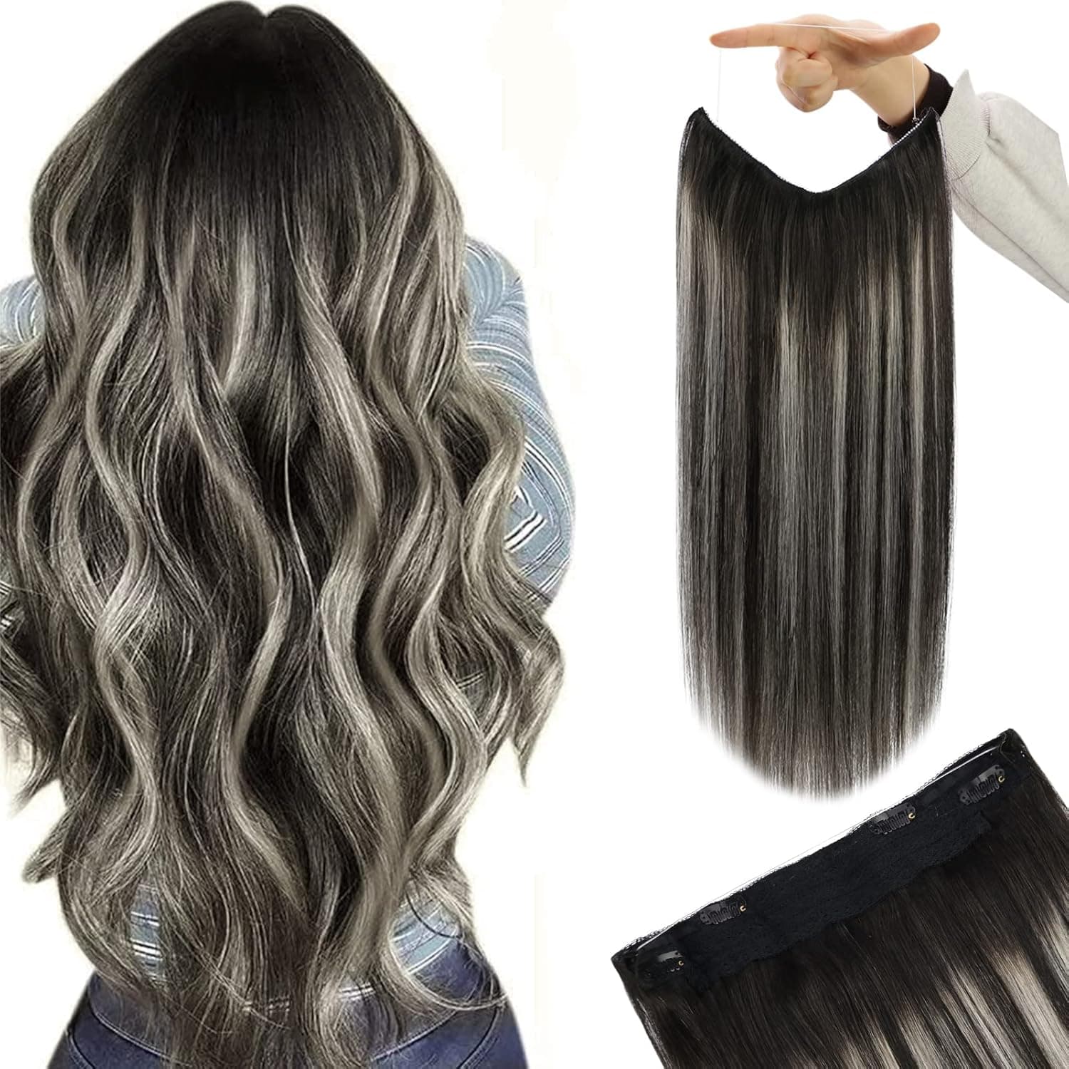 YoungSee Wire Hair Extensions Black and Silver 20 inch Layered Hair Extensions Wire Real Hair Extensions Ombre Black with Silver Black Hair Extensions Invisible Wire Fish Line Hair Extensions 100 Grams