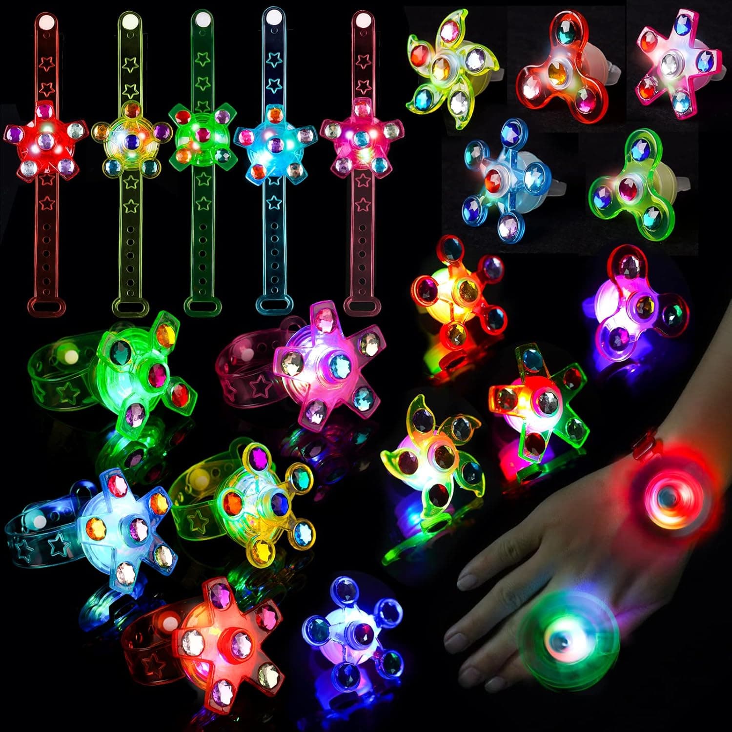NiHome 20PCS LED Light Up Spinner Toy Party Favors for Kids (10 Rings+10 Bracelets) Glow In The Dark Fidget Pack Wristband Halloween Birthday Holiday Fun Gift Flashing Neon Party Supplies (Mix Colors)