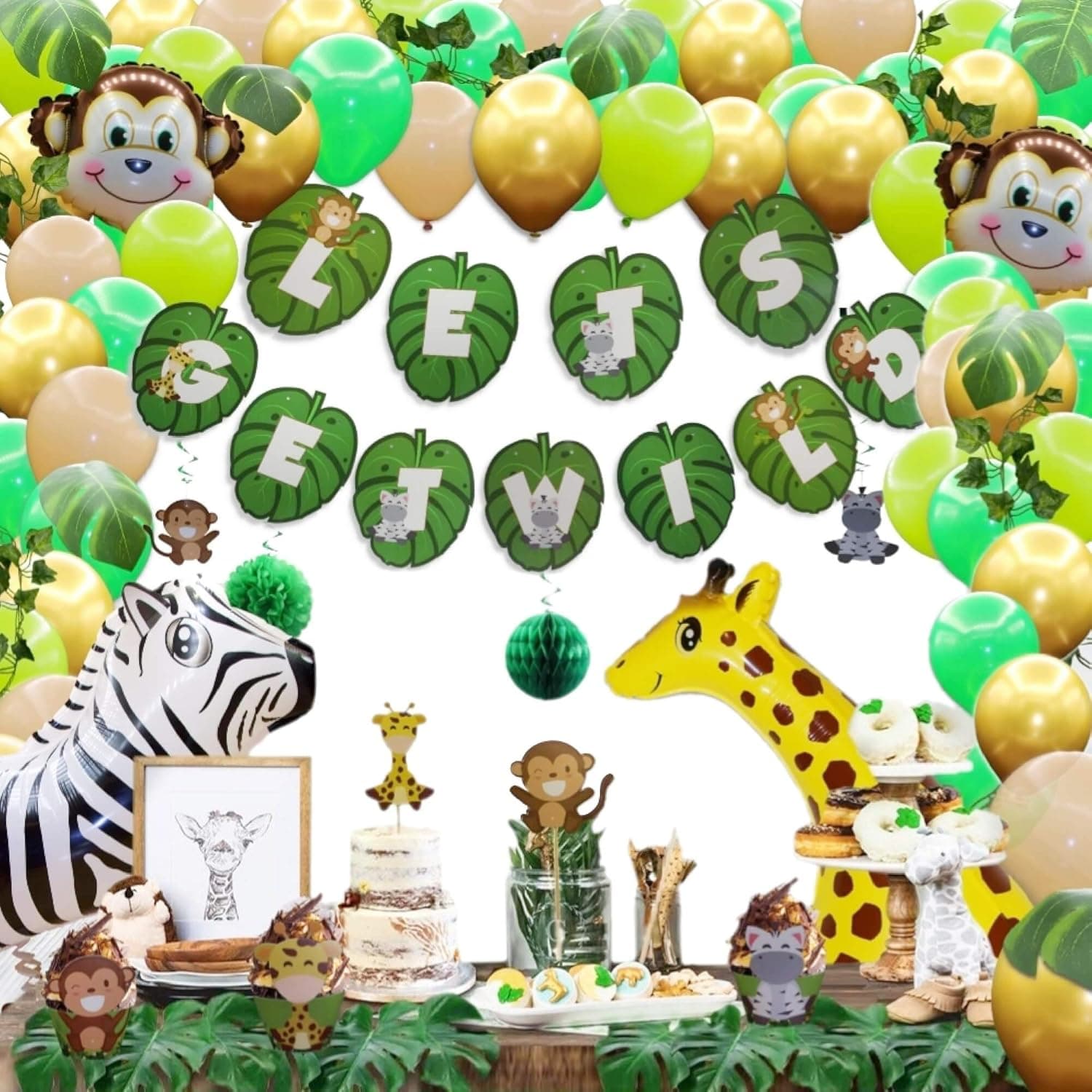 Jungle Theme Party Supplies - Safari Animal Themed Decorations Kit - Wild Animals Leave Party Decor Favors - Balloons, Animal Balloons, Leaves Banner, Monstera Leaves, Ivy, Birthdays, Baby Showers