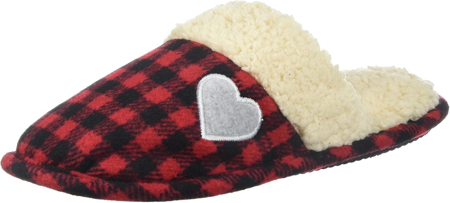 Dearfoams Women’s Holiday Plaid Print Closed Toe Scuff Slipper - Padded Slip-Ons with Memory Foam Insole and Rubber Sole