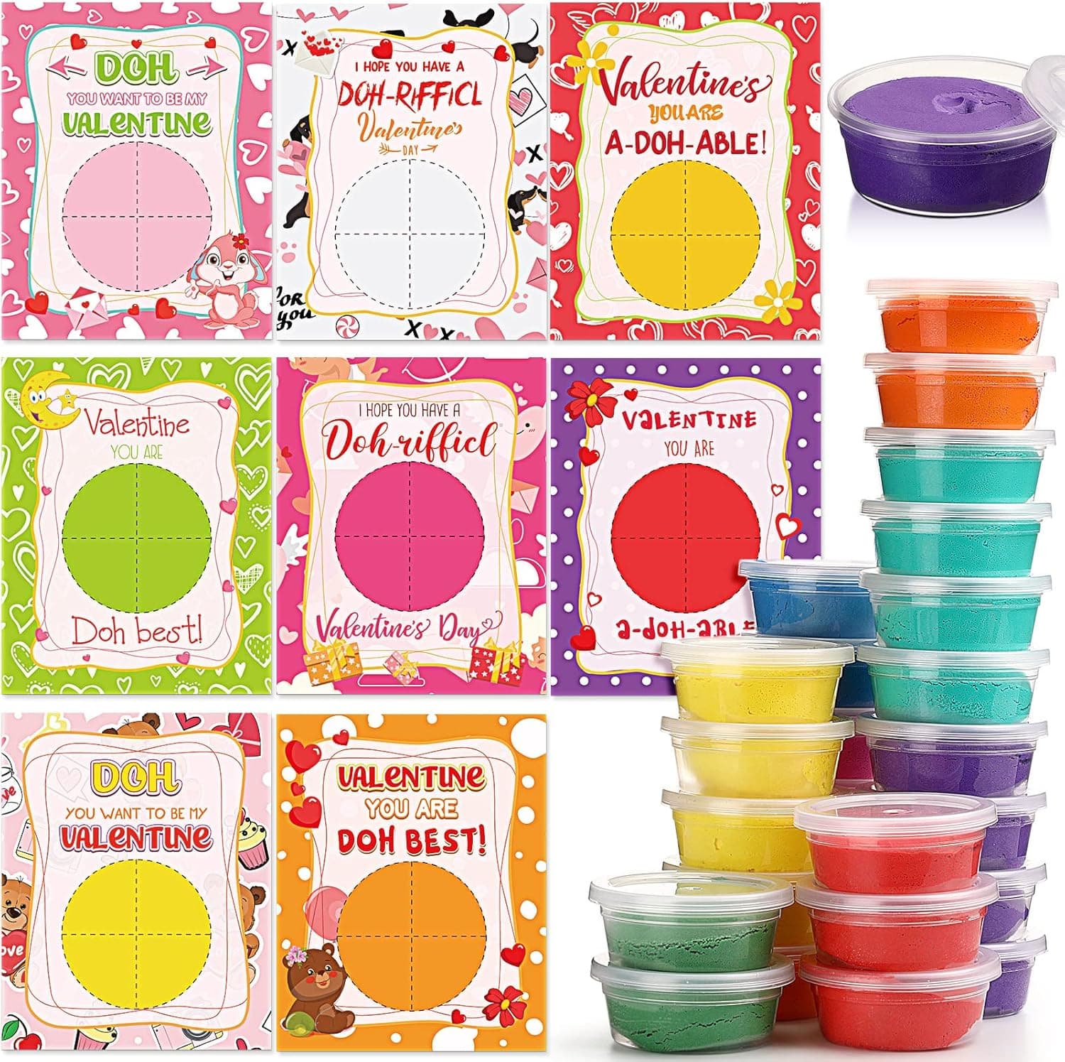 32 Packs of Valentine's Day Cards for Kids with 32 Colorful Dough Toys and Cards Bulk, Kids Valentine Exchange Gifts, School Classroom Valentines Party Favors, Valentine's Events and Prizes