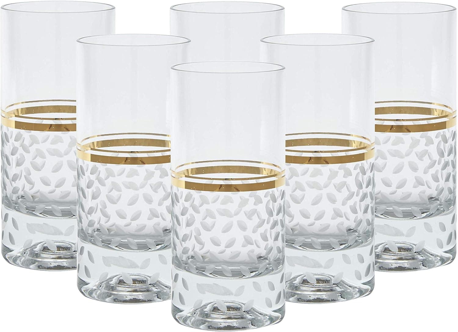 Glazze Crystal Set of 6 Handcrafted Highball Glasses with Hand Painted Real Gold Trim Detailing - Hand Cut Raindrops Pattern - Luxurious Gift - For Soft drinks & More