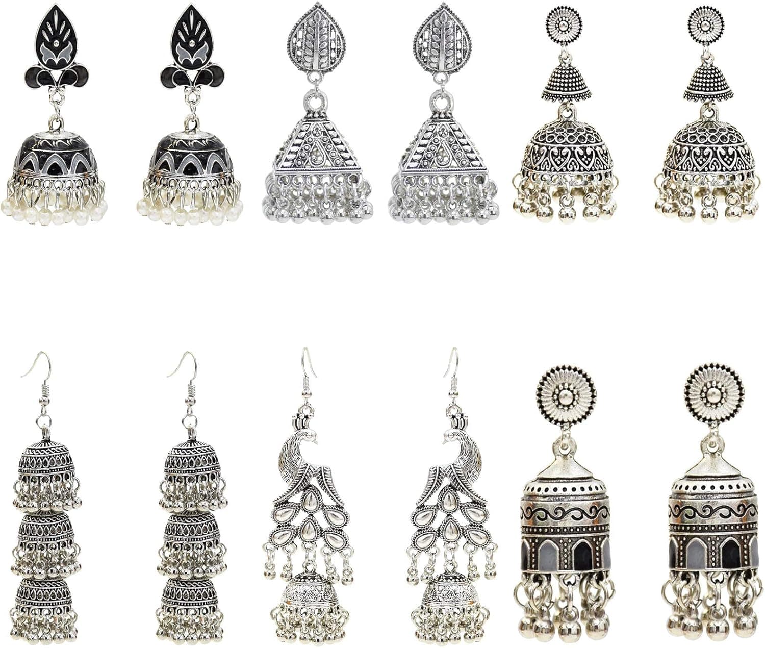 6 Pairs Indian Jhumka Jhumki Ethnic Dangle Earring Sets for Women Vintage Silver Gold Long Tassel Bell Drop Earrings Boho Jewelry