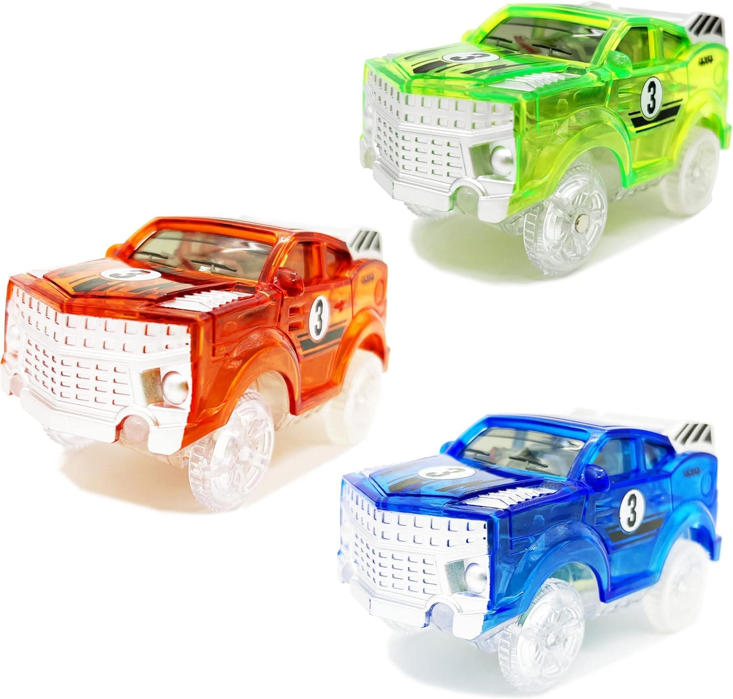 HAPISIMI Track Vehicles, Multi-Color Light Up Flashing LED Glow in The Dark, Compatible with Flexible Track, Glow in The Dark, Neo and Most Other Tracks