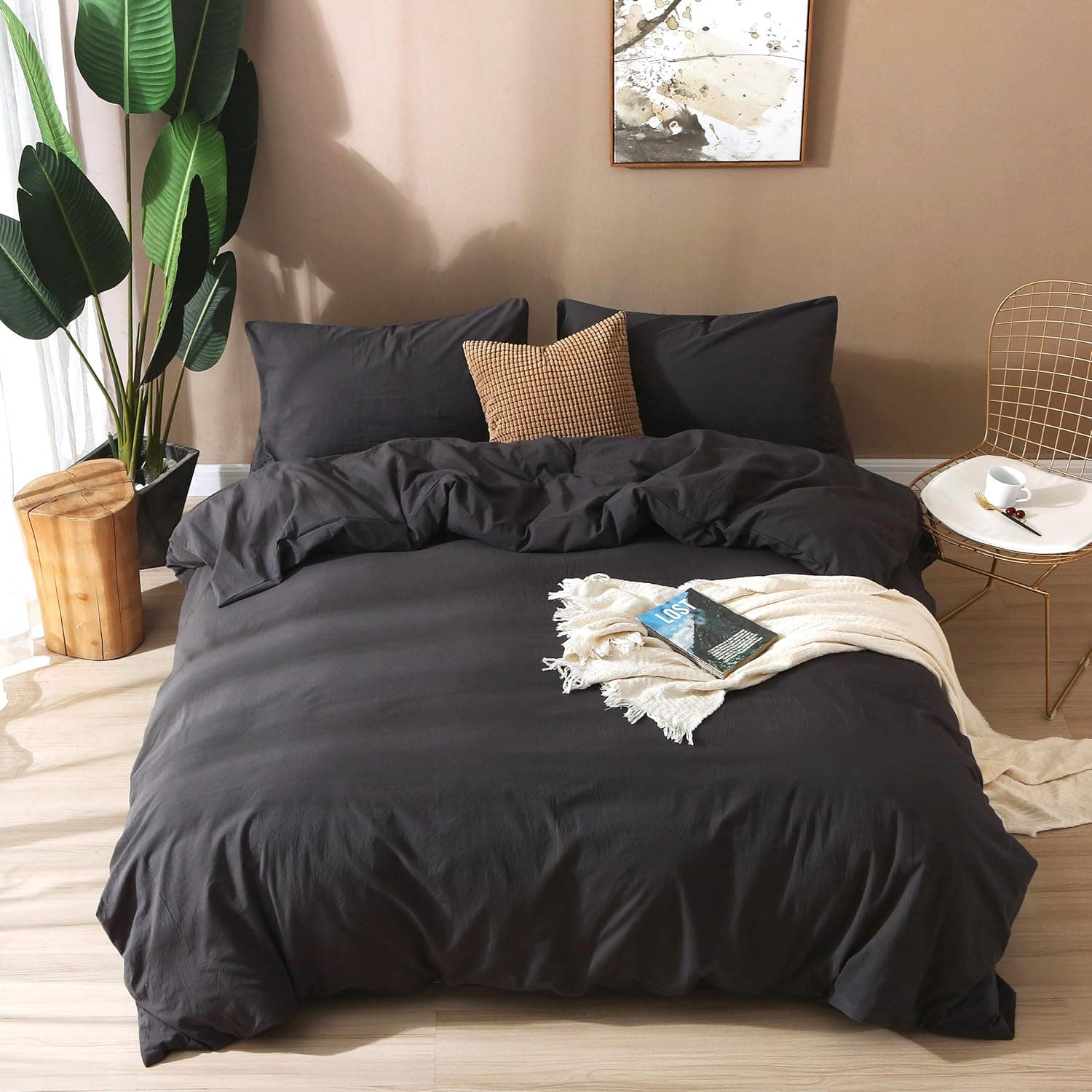 F.Y.Dreams 100% Washed Cotton Duvet Cover for Weighted Blanket 48x72 inches with 8 Ties, Zipper on Long Side /Black Grey/Just Duvet Cover