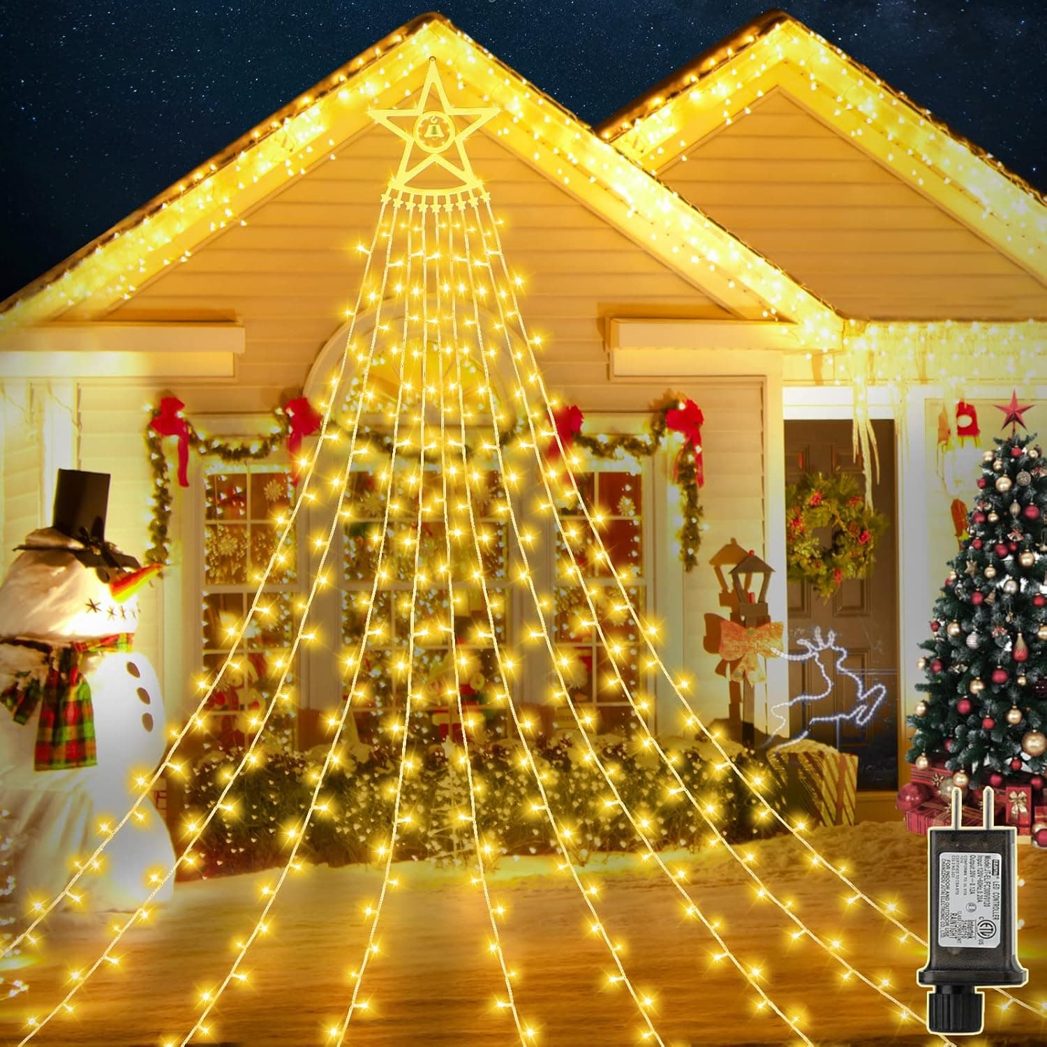 GDEALER Fairy Lights 402 LED Christmas Decorations Star String Lights with Remote 12" Topper Star & Bell Hanging Christmas Lights Outdoor Indoor 8 Modes Waterfall Tree Lights for Yard Party Holiday