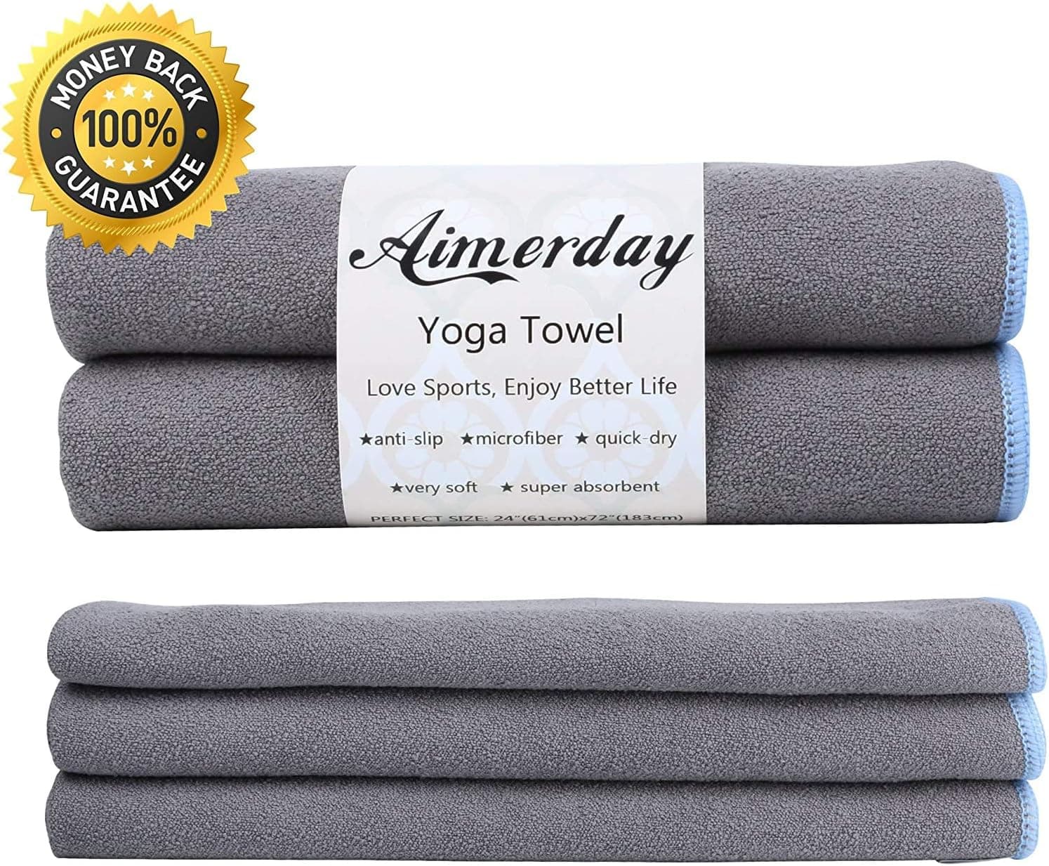 Aimerday Hot Yoga Mat Towel, 72 x 24 Microfiber Soft Yoga Towel for Bikram Ashtanga Pilates, Non Slip Sweat Absorbent Quick Dry Fitness Workout Mat Towel