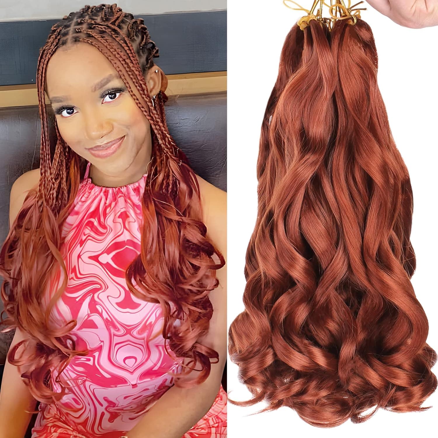 COOKOO 14 Inch 9 Packs Ginger French Curl Braiding Hair for Black Women Short Cooper Red Crochet Box Braids With Curly Wavy Ends Pre-Stretched Wavy Texture Braiding Synthetic Hair for Goddess Box Braids 350#