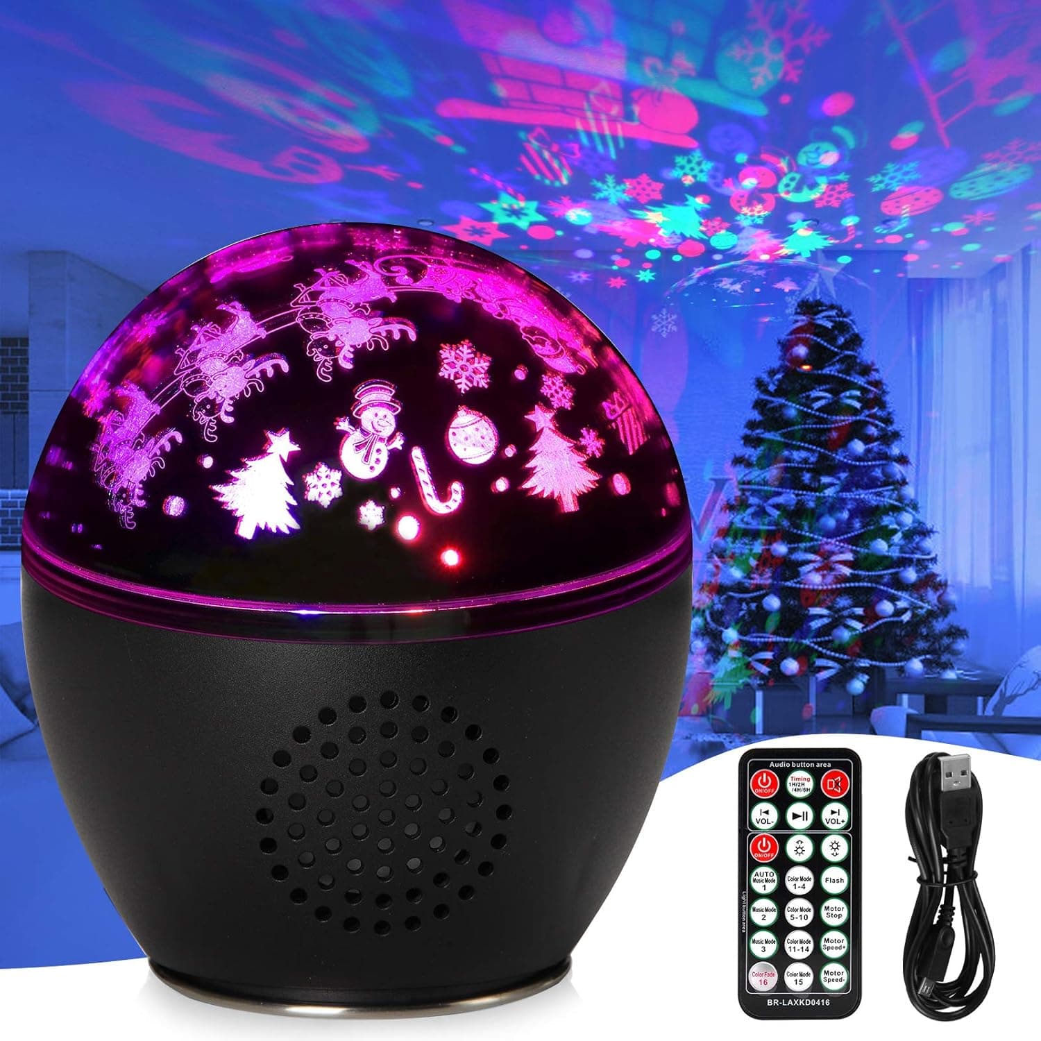 Decorative Outdoor Lighting Projectors with 3 Sets of Slides, Santa Lampshades, 360° Rotating Projector 16 Lighting Modes, Music Player, Star Night Projector for Party/Xmas/Halloween/Bedroom