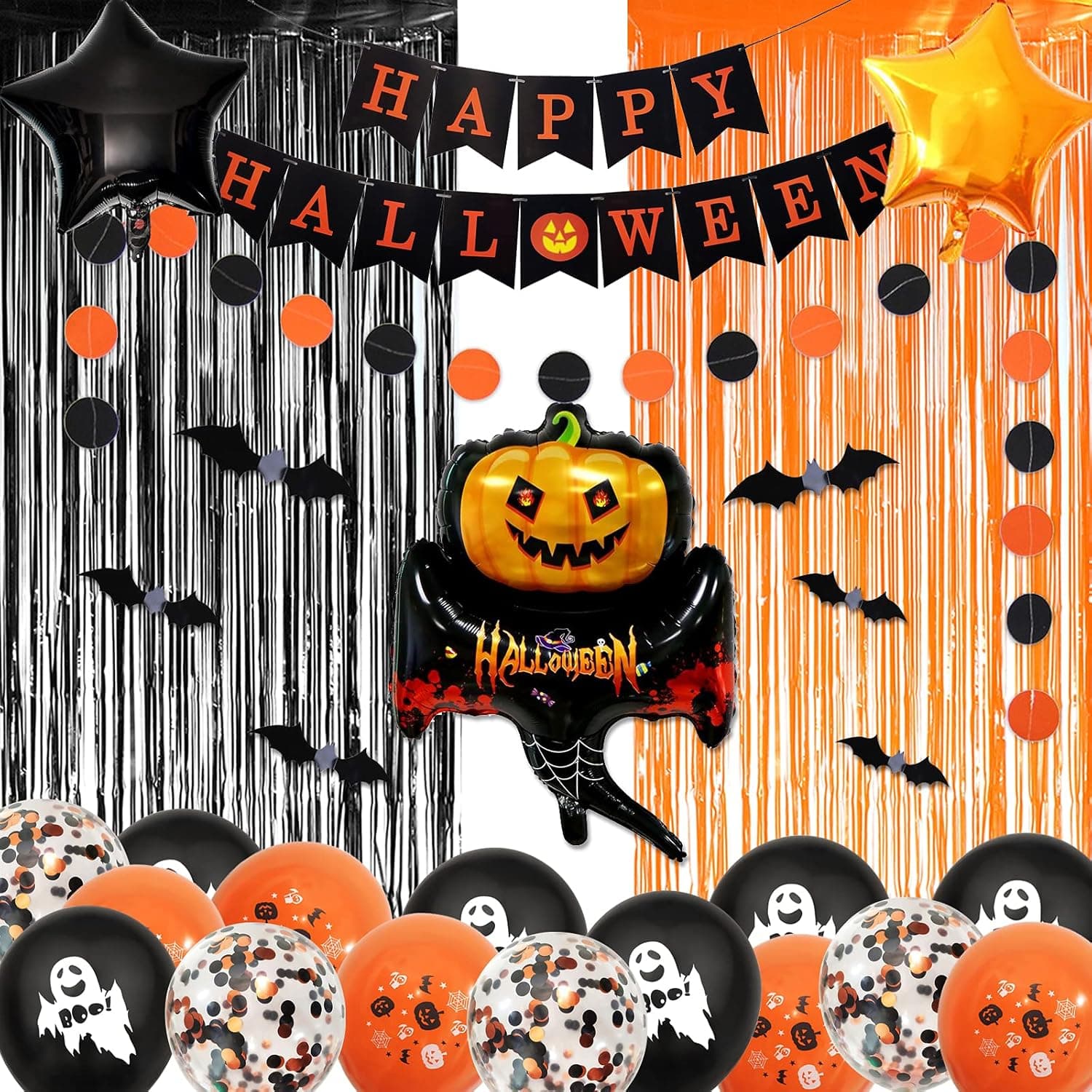 Halloween Party Decorations Happy Halloween Banner Halloween Black Orange Balloons Arch Halloween Hanging Decorations With Foil Balloons And Curtains Black Orange Curtains for Halloween Decor Indoor