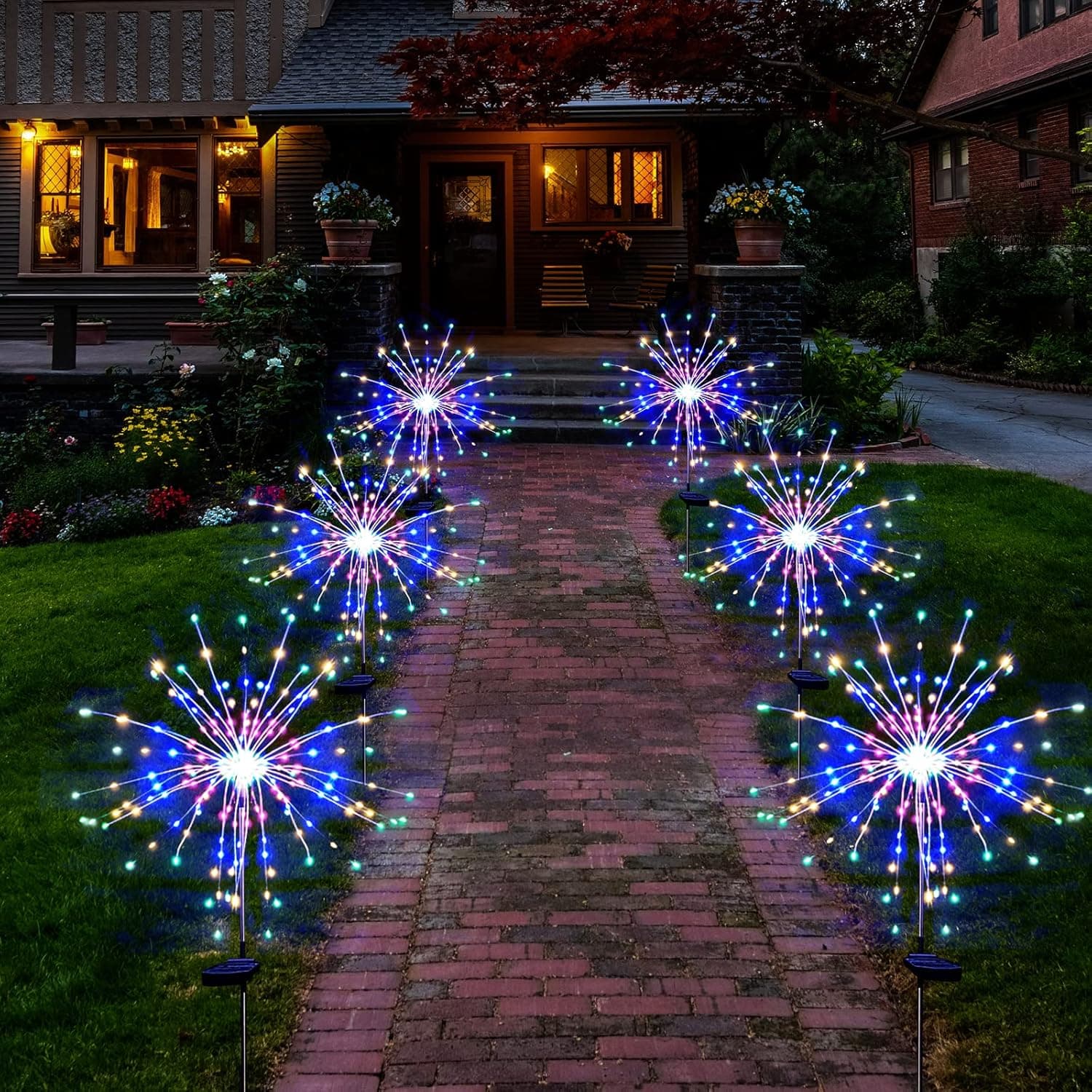 Solar Garden Firework Lights Outdoor Waterproofs 6 Pack Solar Powered Art Stake Twinkle Lighting 120 LED Sparklers Solar Lights for Outside Patio Backyard Yard Pathway Walkway Decorations (Colorful)