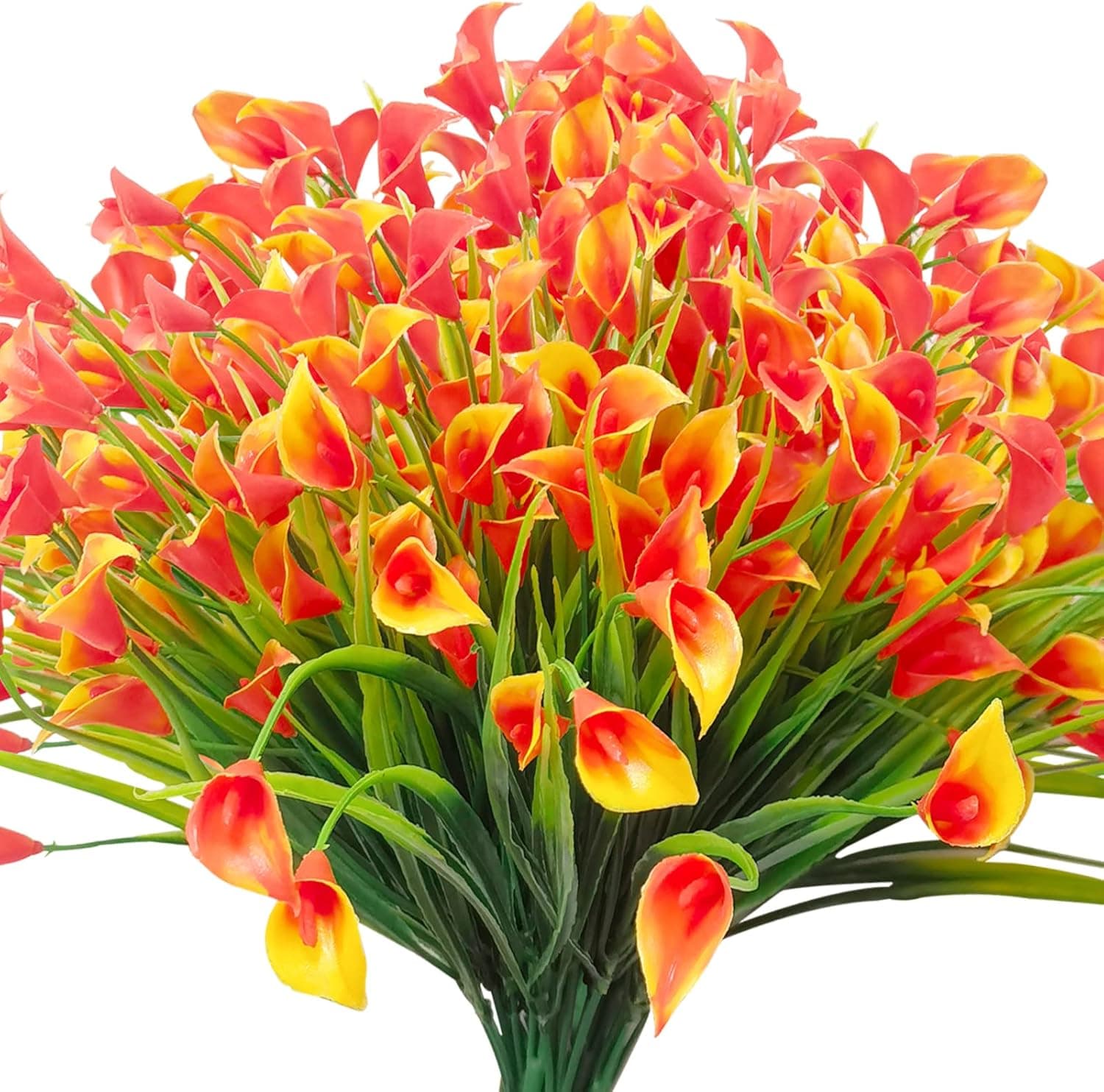USBNOVEL 18 Bundles Calla Lily Artificial Flowers UV Resistant Plants Outdoor Decoration,No Fade Faux Fake Plastic Summer Flower Indoor Outside Hanging Planter Home Garden Porch Decor (SunsetRed)
