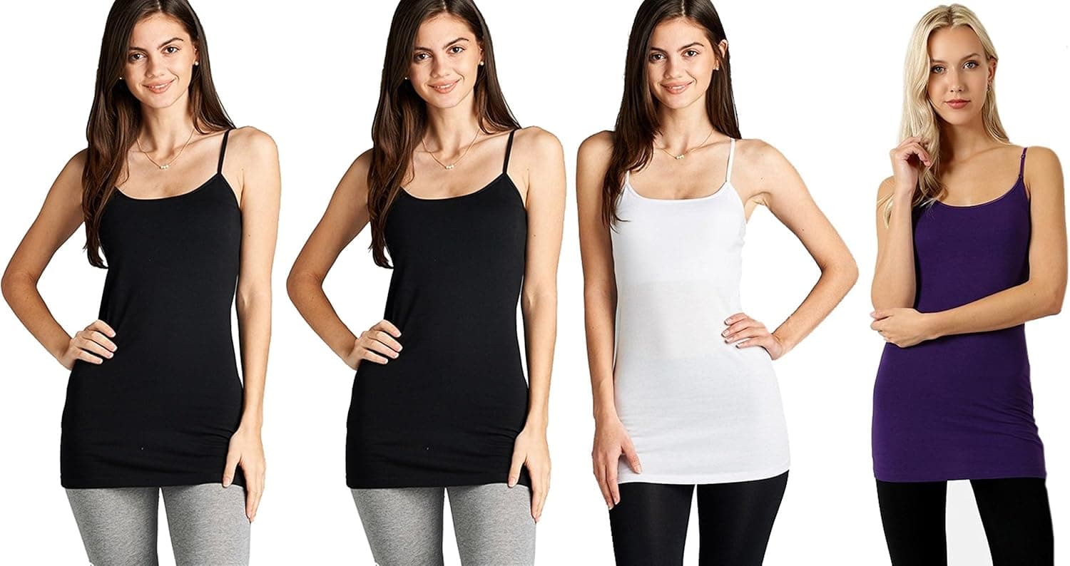 4 Pack: Active Basic Cami Tanks in Many Colors -Small -3XL (XX-Large, Black/Black/White/Purple)
