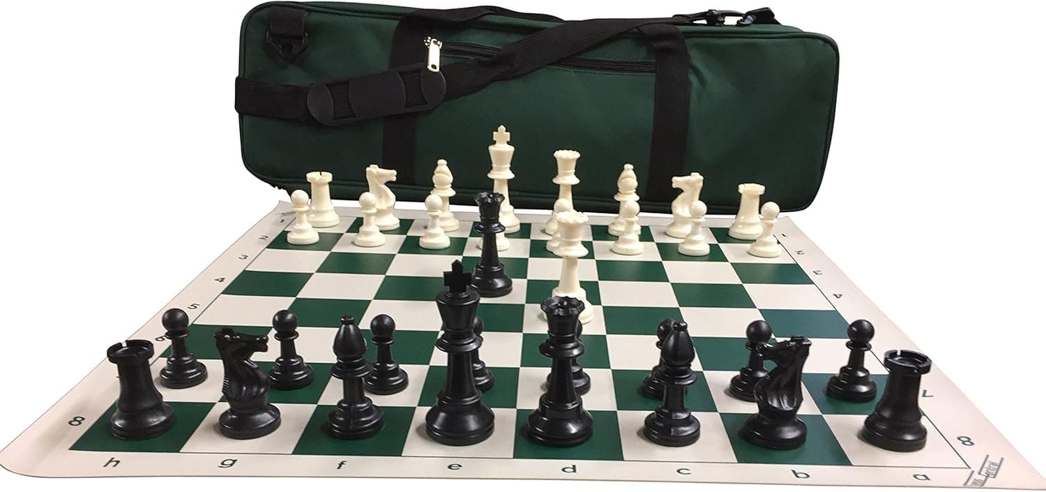 Chess Set Package: Triple-Weighted Heavy Chess Pieces, 2 Extra Queens, Green Roll-Up Vinyl Chess Board, Green 24" x 9" Carrying Case and Instructions on How to Play Chess