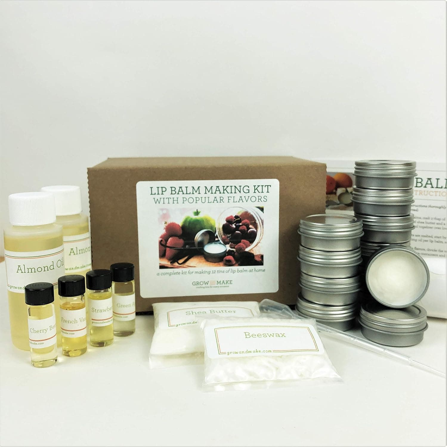 Grow and Make DIY Popular Flavors Lip Balm Kit - Make Your Own French Vanilla, Sugared Strawberry, Green Apple and Cherry Berry Lip Balm Tins at Home!