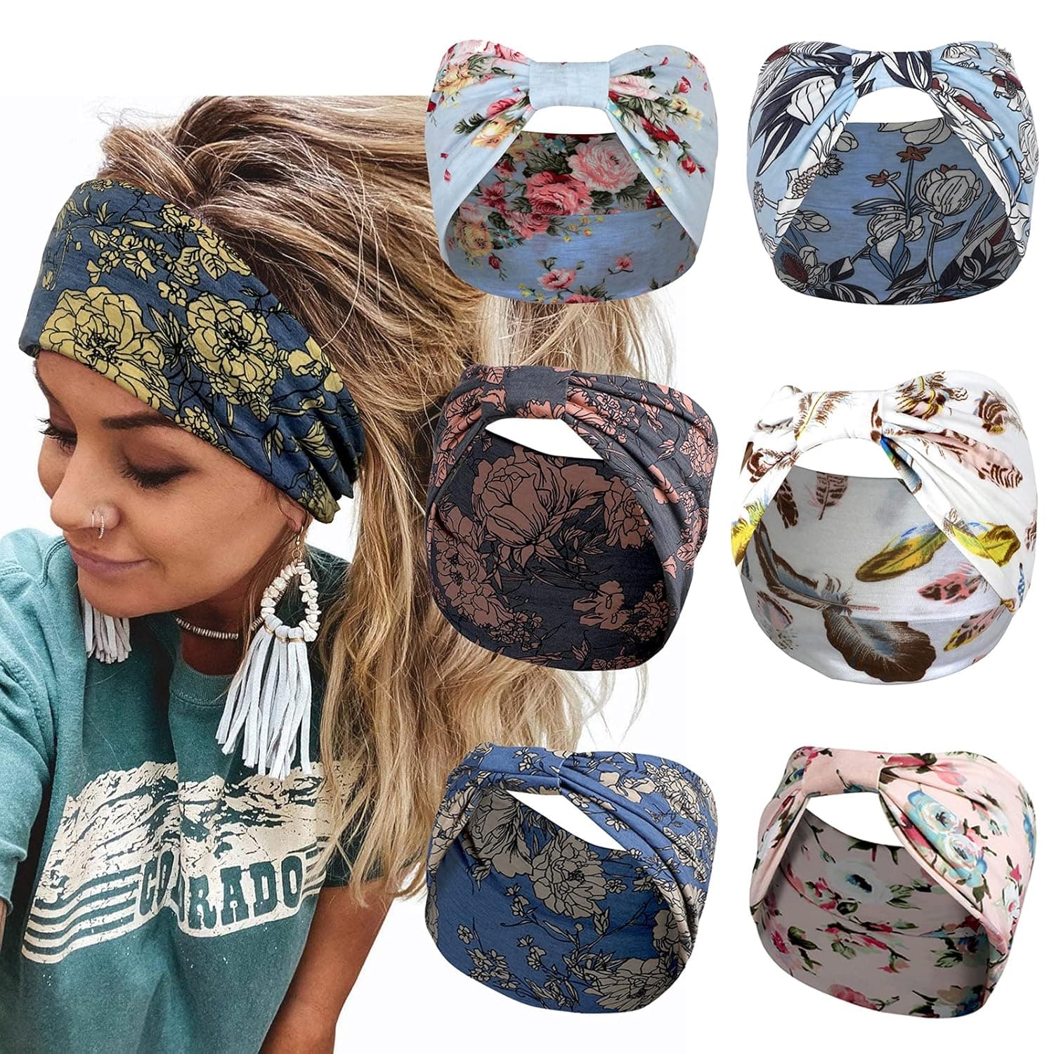SFWMFH 6pcs boho headbands for women Non-slip elastic wide hair accessories for women sweatband for women workout yoga Running headbands for women headband for washing face Soft cotton headscarf