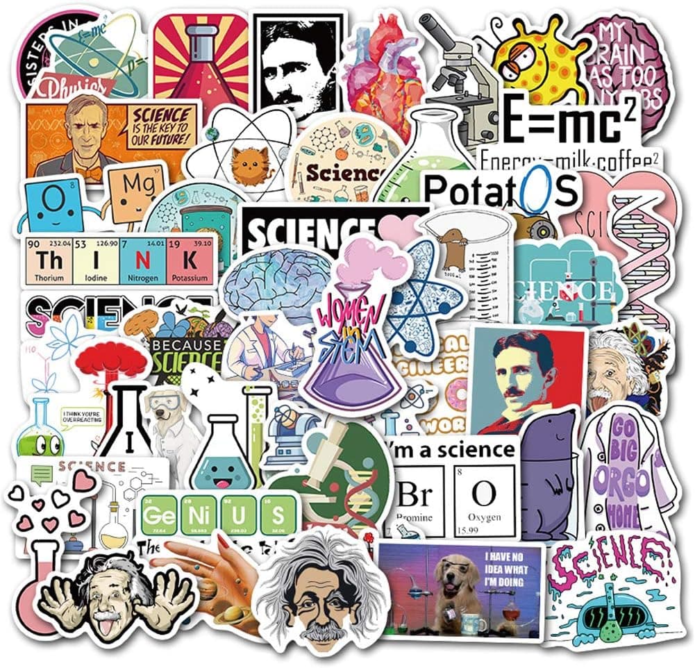50PCS Science Stickers Student Laboratory Stickers Chemistry Biology Physics Experiment Science Stickers Pack Vinyl Decals for Water Bottle Laptop Helmet Luggage