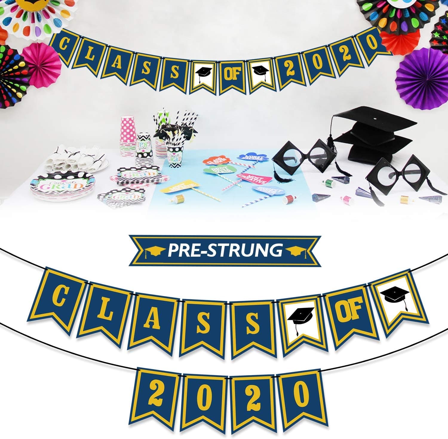 LINGTEER Class of 2020 Bunting Garland Banner with Gold Details | Pre-Assembled | 2020 Graduation Party Gift Keepsake Decorations Sign.