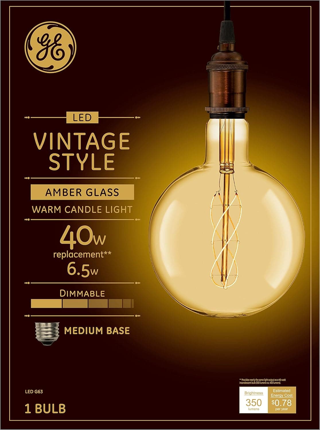 GE Lighting Vintage Style LED Globe Light Bulb, 40 Watt Eqv, Warm Candle Light, Amber Glass