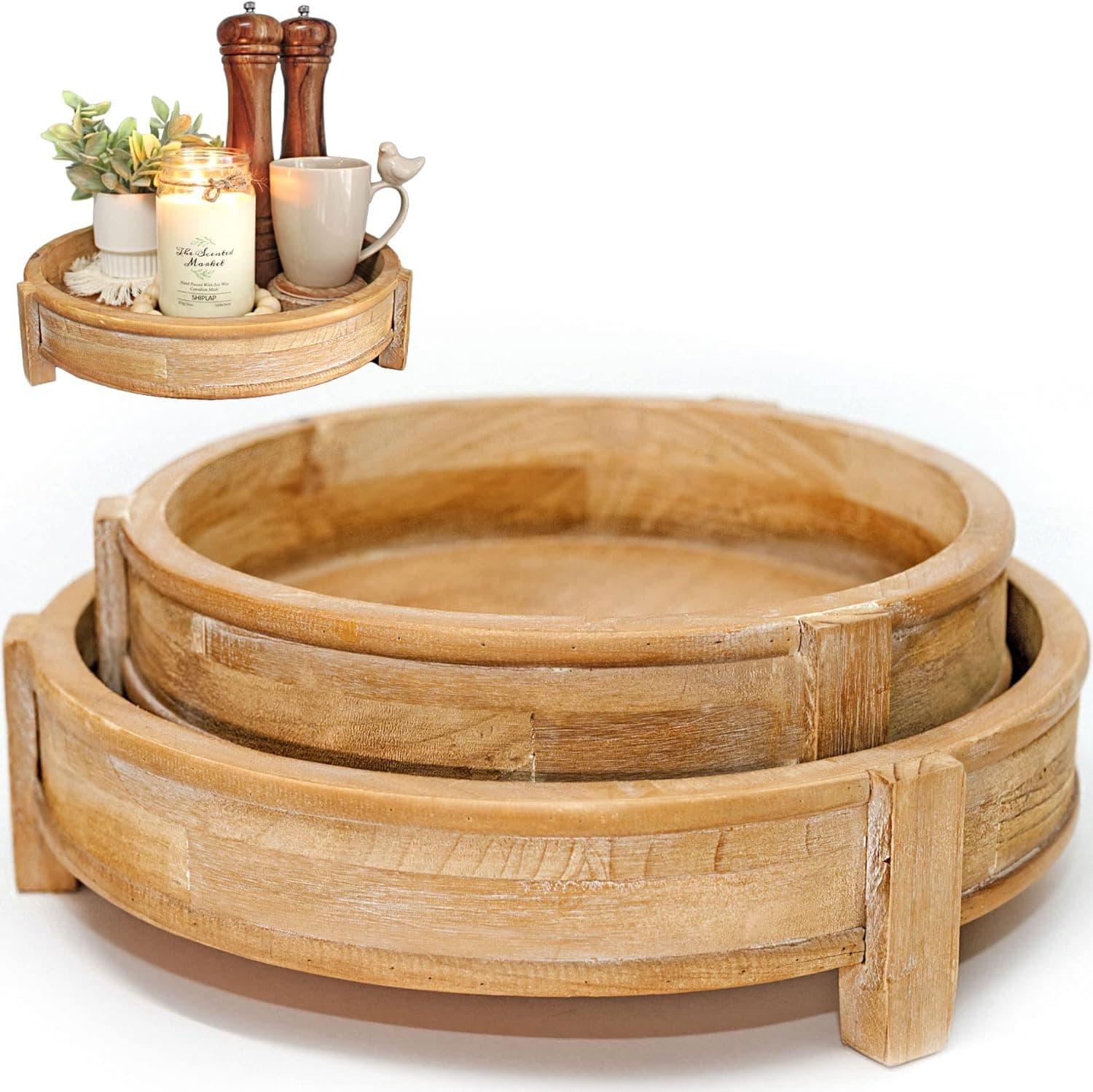 Circle Nesting Tray Set (Brown) - Farmhouse Round Rustic Wood Decor for Coffee Bar, Kitchen Counter, Island, Table, Ottoman, Centerpiece Decoration Serving Tray by Felt Creative Home Goods
