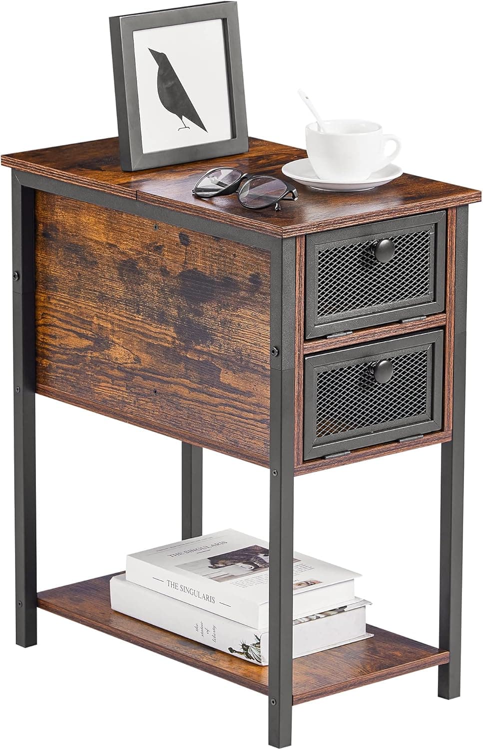 VECELO Flip Top Narrow Side Table with Storage Shelf, Wood Look Accent Furniture for Living Room Bedroom,Brown, 1 Set