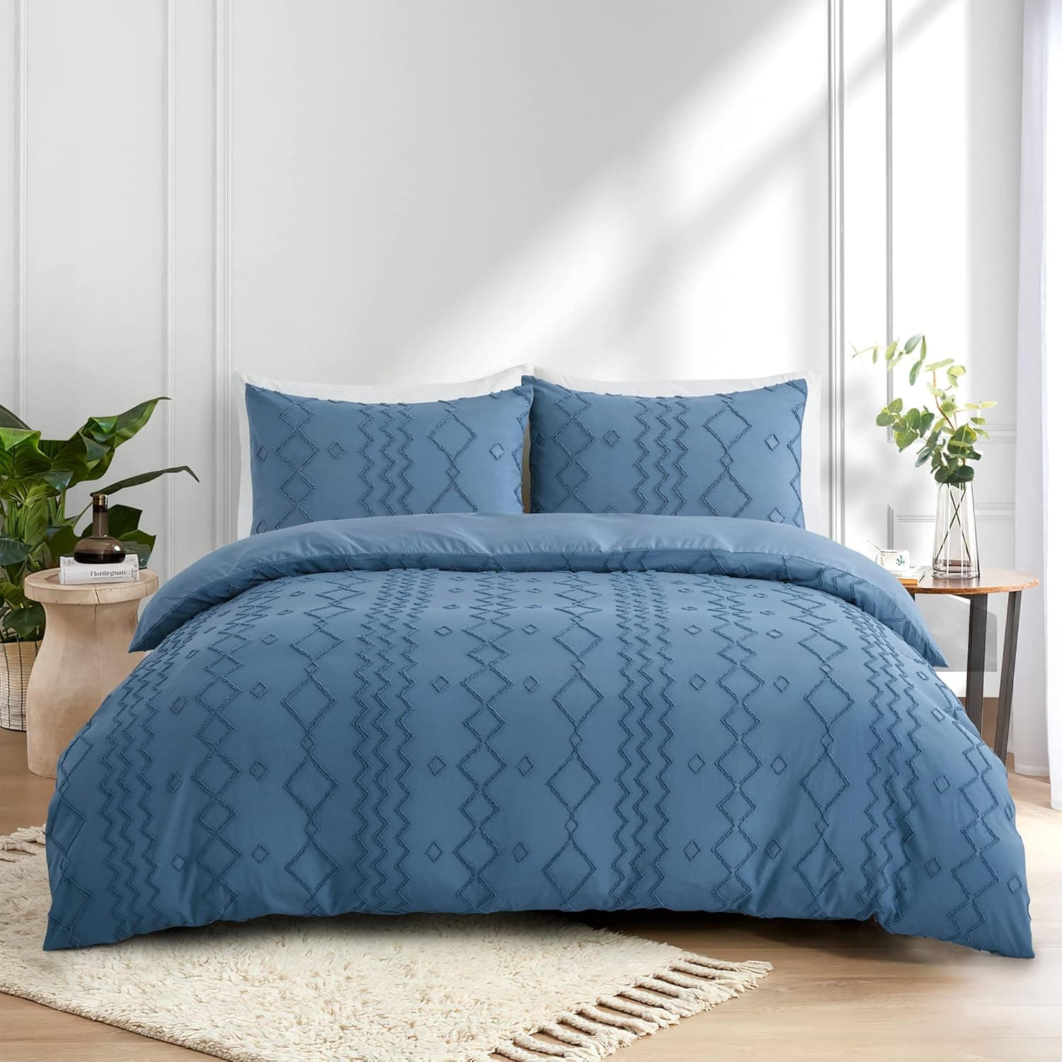 Puredown ® Boho Duvet Cover Full/Queen Size, 3 Pieces Tufted Comforter Cover, All Seasons Navyblue Duvet cover and 2 Pillowcases, Shabby Chic Bedding Covers for Bedroom (Navyblue, Full/Queen, 90"x90")
