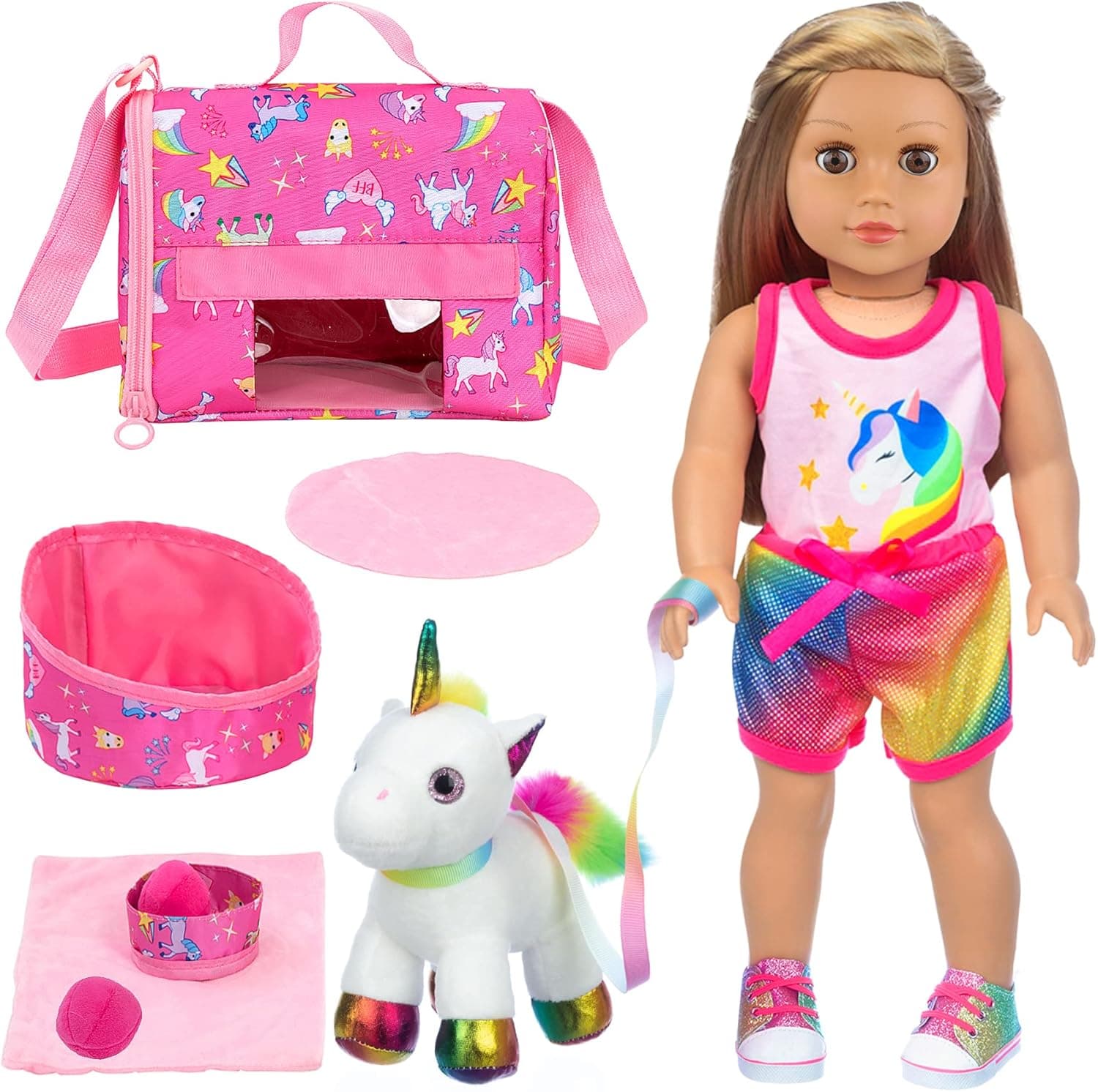 K.T. FANCY 9 Pcs Accessories and Clothes for 18 inch Girl Doll Pet Set Stuff Girl Travel Clothes with Pet, Plush Pet Toy, Mat, Handbag, Pet Bowl