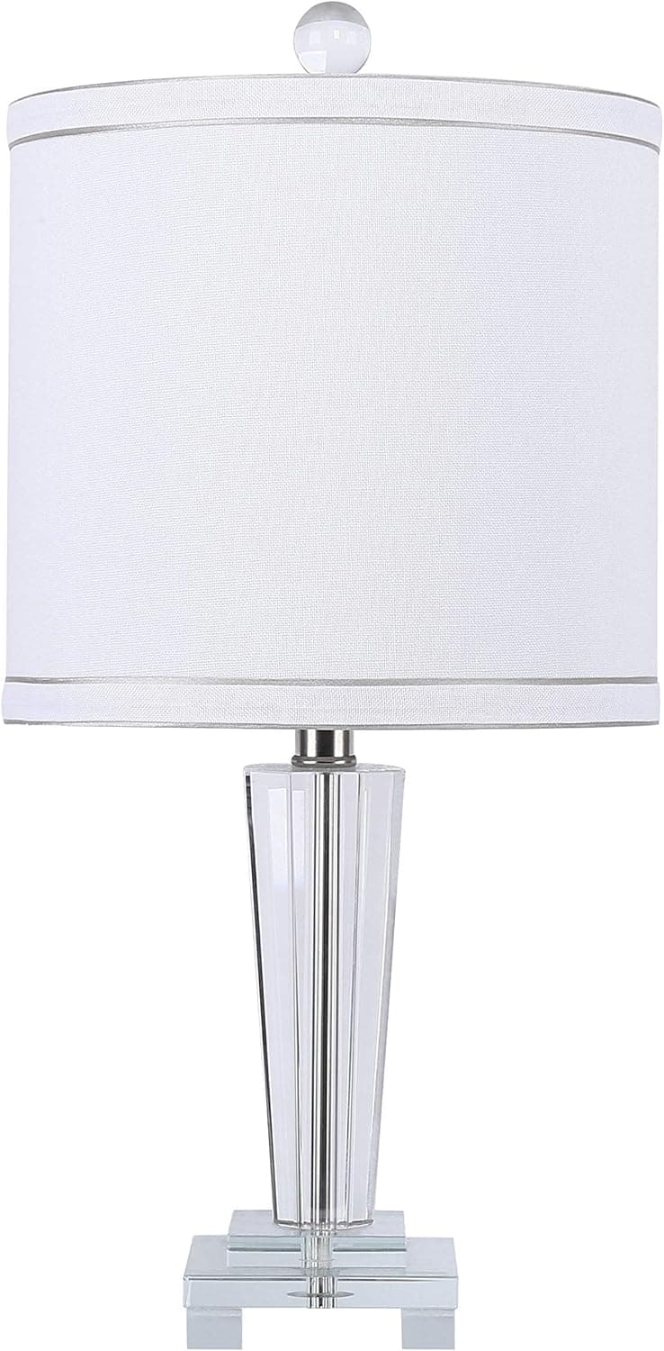 19.25" Modern Genuine Crystal Accent Lamp ft. Crystal Finial and White Linen Drum Shade with Double Silver Edged Self-Trim - Glam Lighting for The Bedroom, Living Room, and Office