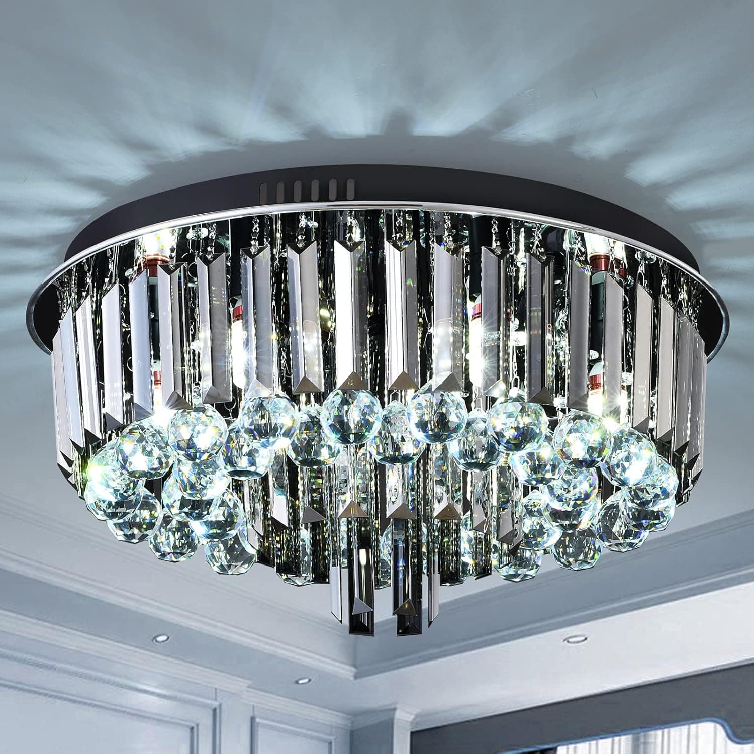 Congratsu 6-Light Crystal Chandelier with K9 Crystal Smoke & Clear, Modern Flush Mount Ceiling Light Fixture for Dining Room Living Room Bedroom, H 10 x W 20