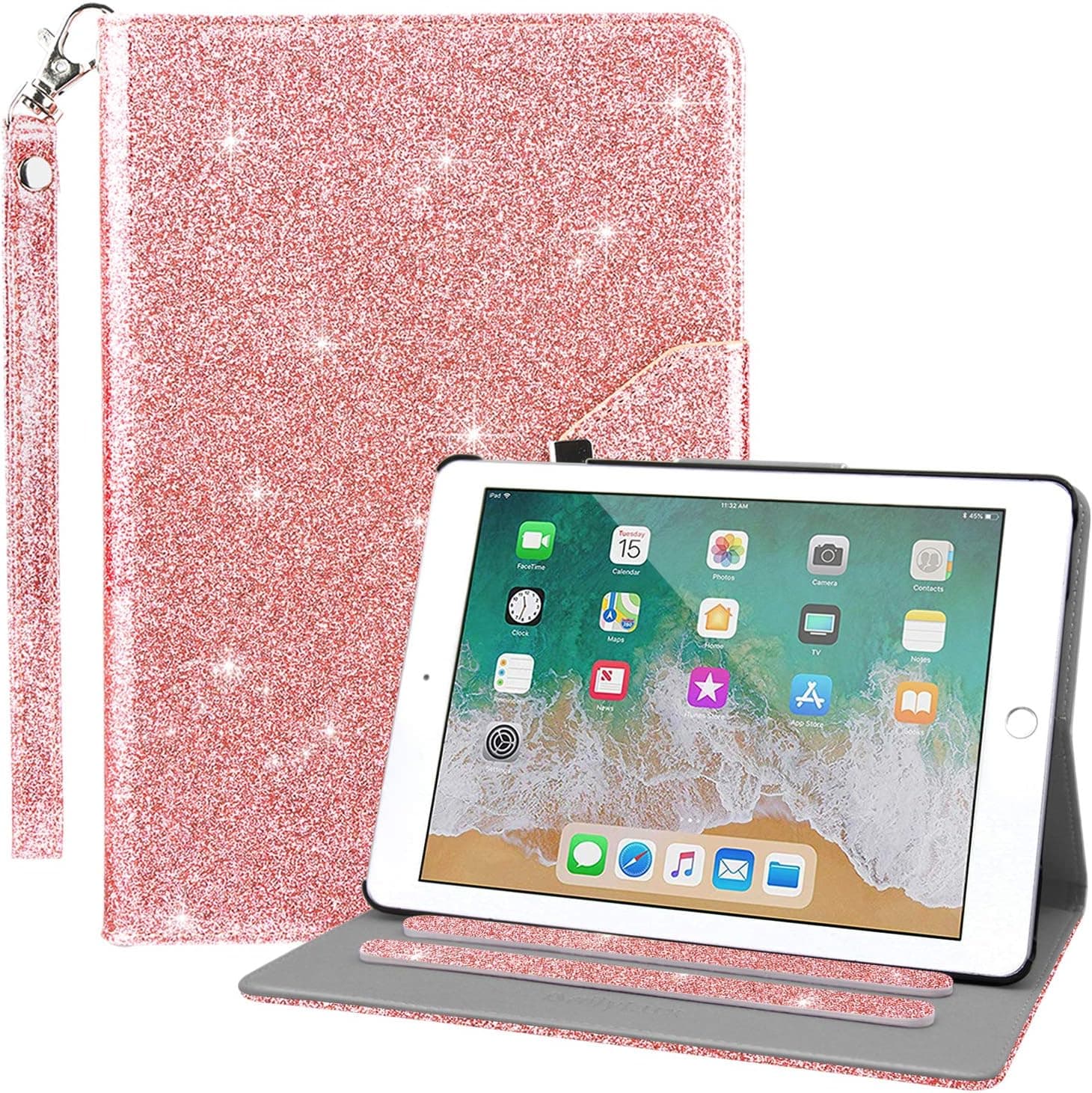 Dailylux Case for New iPad 9.7 Inch 2018/2017,Glitter Sparkle 360 Degree Rotating Stand Bling Case Luxury Faux Leather Case with Strap Auto Sleep/Wake Function Cover for iPad 9.7 inch-Rose