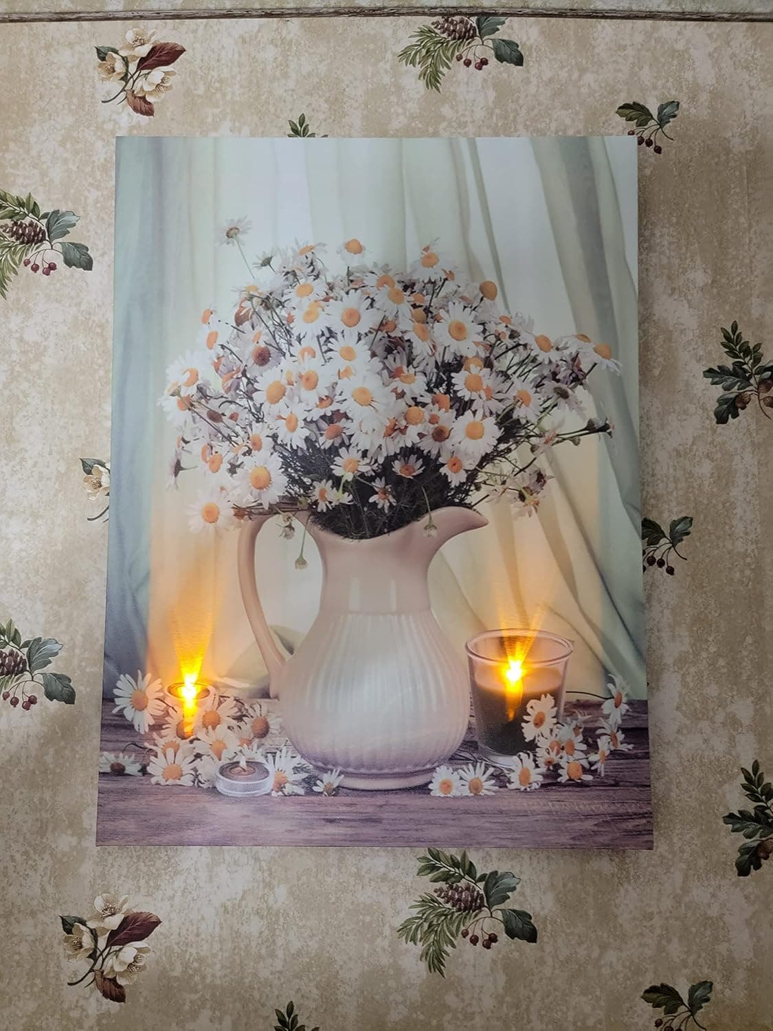 alottagifts Daisy Flowers Bouquet 16" x 12" LED Lighted Wall Art With Timer Art Print Designs on Canvas, Animal Pictures Modern Artwork for Living Room/Dining Room/Home Decor Decoration Gift