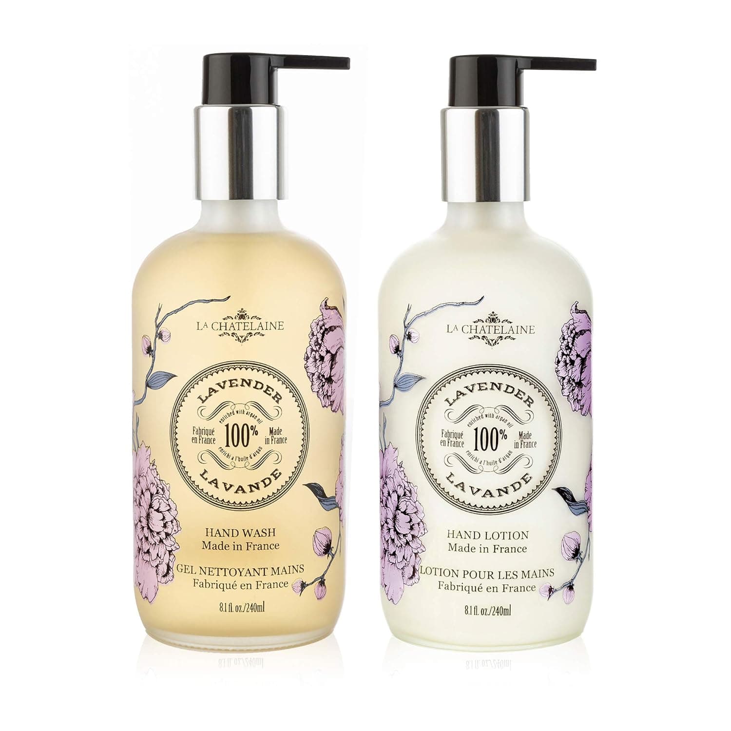 La Chatelaine Hand Wash & Lotion Set | Sulfate Free | Frosted Glass Bottles | Nourishing Shea Butter Formula | Natural and Organic | Made in France | 2 x 8.1 oz. (Lavender)