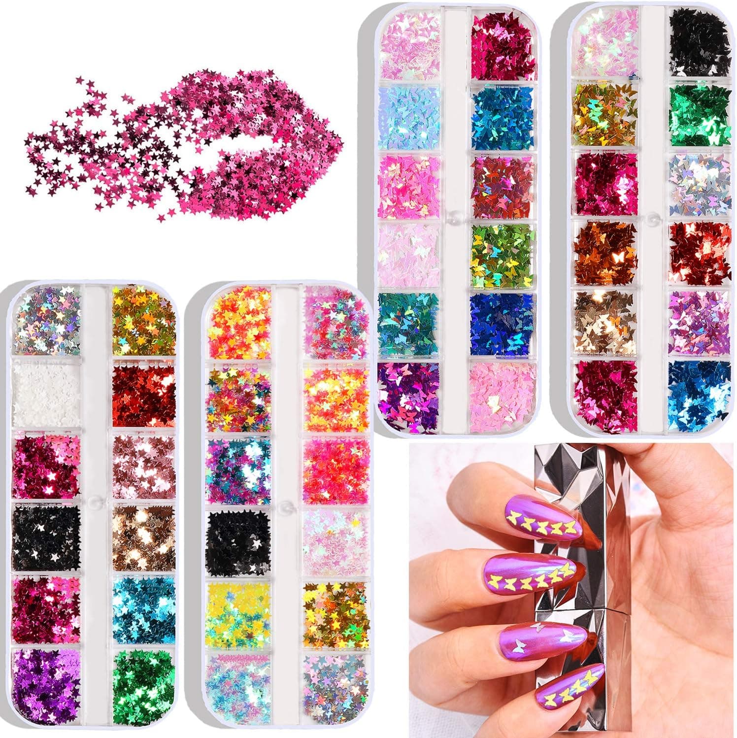 48 Color/Set 3D Star Butterfly Nail Art Glitter Sequins, Colorful Nail Sparkle Glitter Sticker Decals for Nail Art Make Up Decoration Accessories Manicure (Star&Butterfly 4 Boxes)