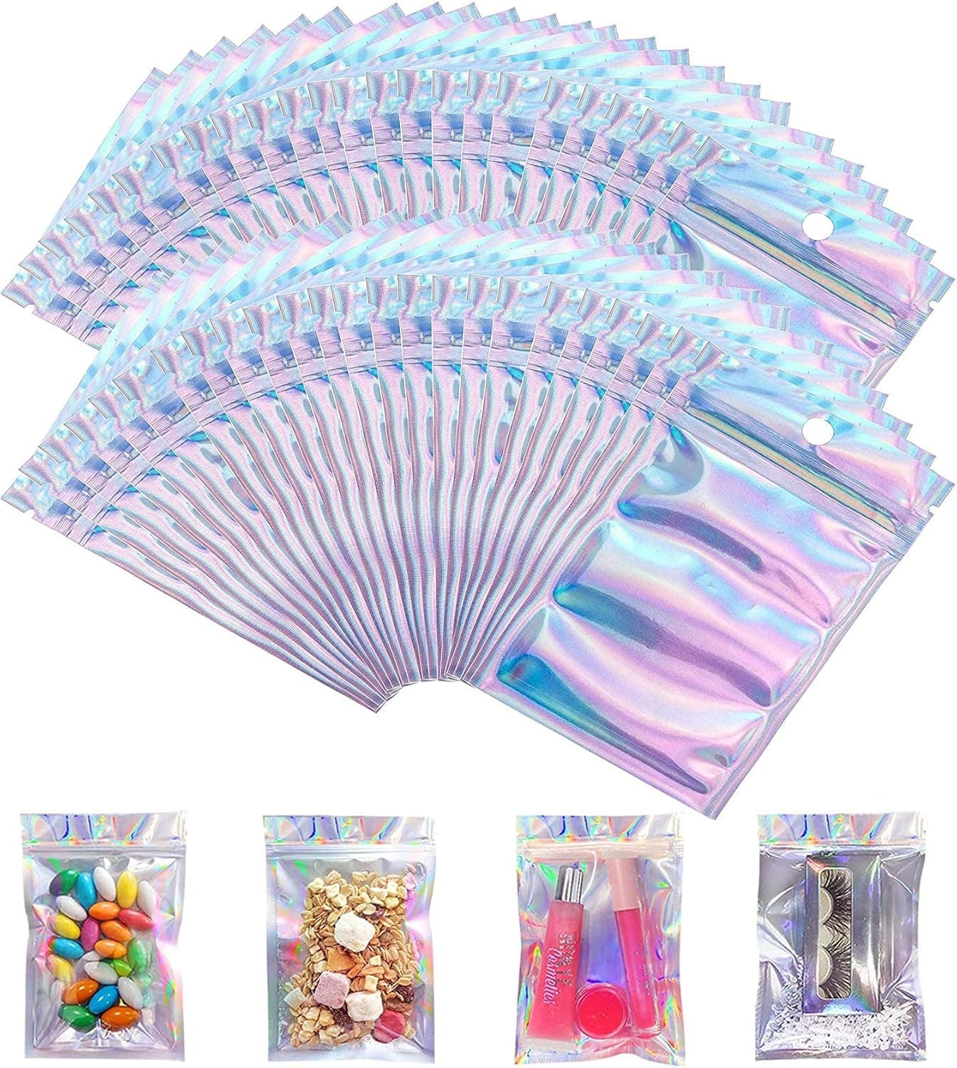 100 Pieces Resealable Smell Proof Bags Foil Pouch Bag Flat Ziplock Bag for Party Favor Food Storage (Holographic Color, 2.95 x4.72 inch)