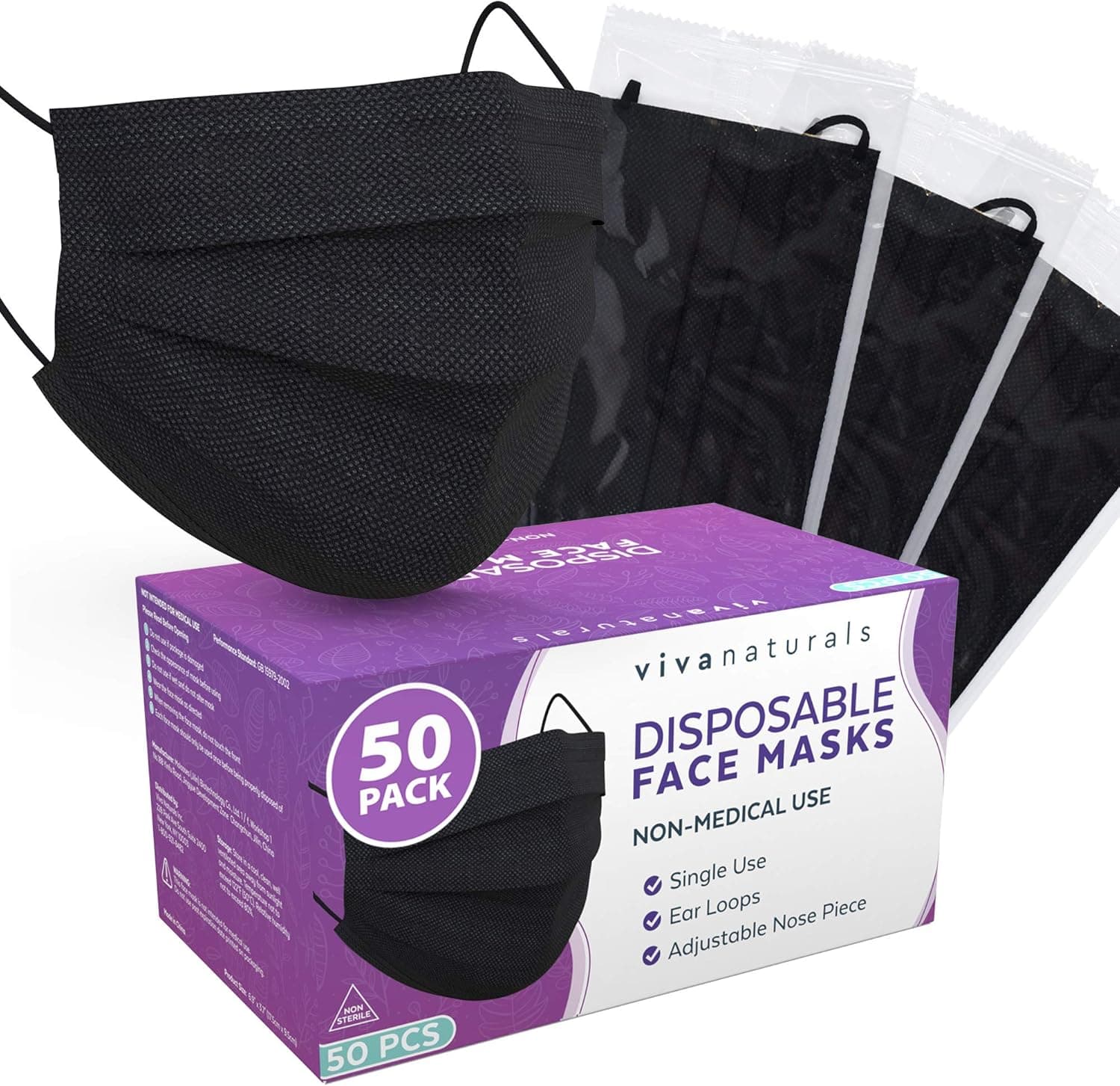 Non-Medical Adult Face Mask (50 Individually Wrapped Masks) - 4-Ply Non-Medical Black Disposable Face Masks, Premium Design With Comfortable Earloops & Adjustable Metal Nose Strip