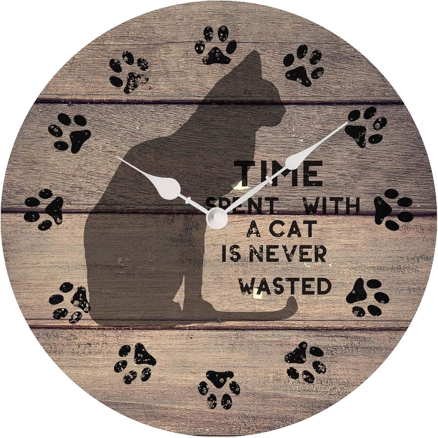 XinsFaith Silent Decorative Wall Clock Time Spent with A Cat is Never Wasted Wooden 10 Inch Wall Decor Battery Operated for Bedroom Living Room Kitchen