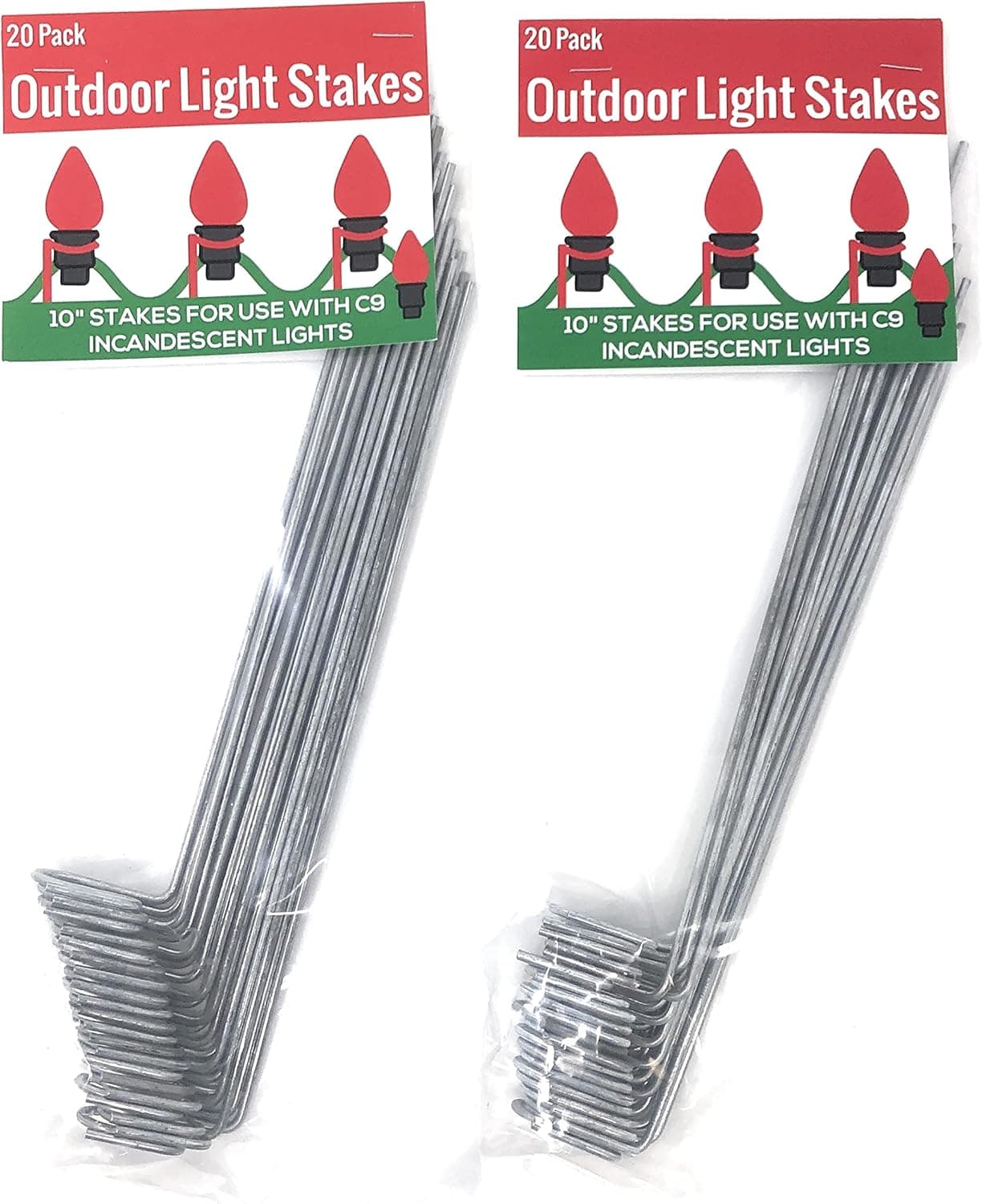 Nickanny's Lawn Stakes for Christmas Yard Lights-Heavy Duty Galvanized Steel Wire 10” Long 20 per Pack-for Sidewalk or Driveway Decorating (C9 / Incandescent Style (Larger Base), 40)