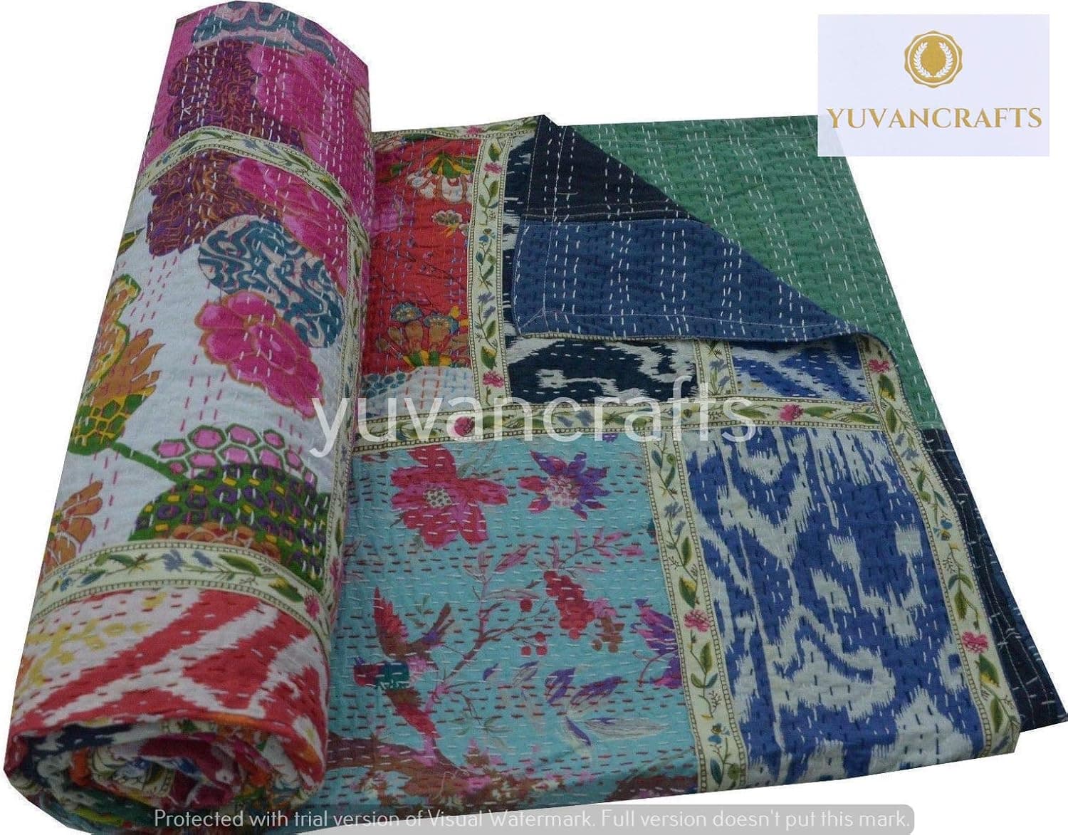 Yuvancrafts Indian Handmade Traditional Kantha Quilt Screen Print Cotton Twin Size Quilt Blanket Bedspreads Throw (Patch Work)