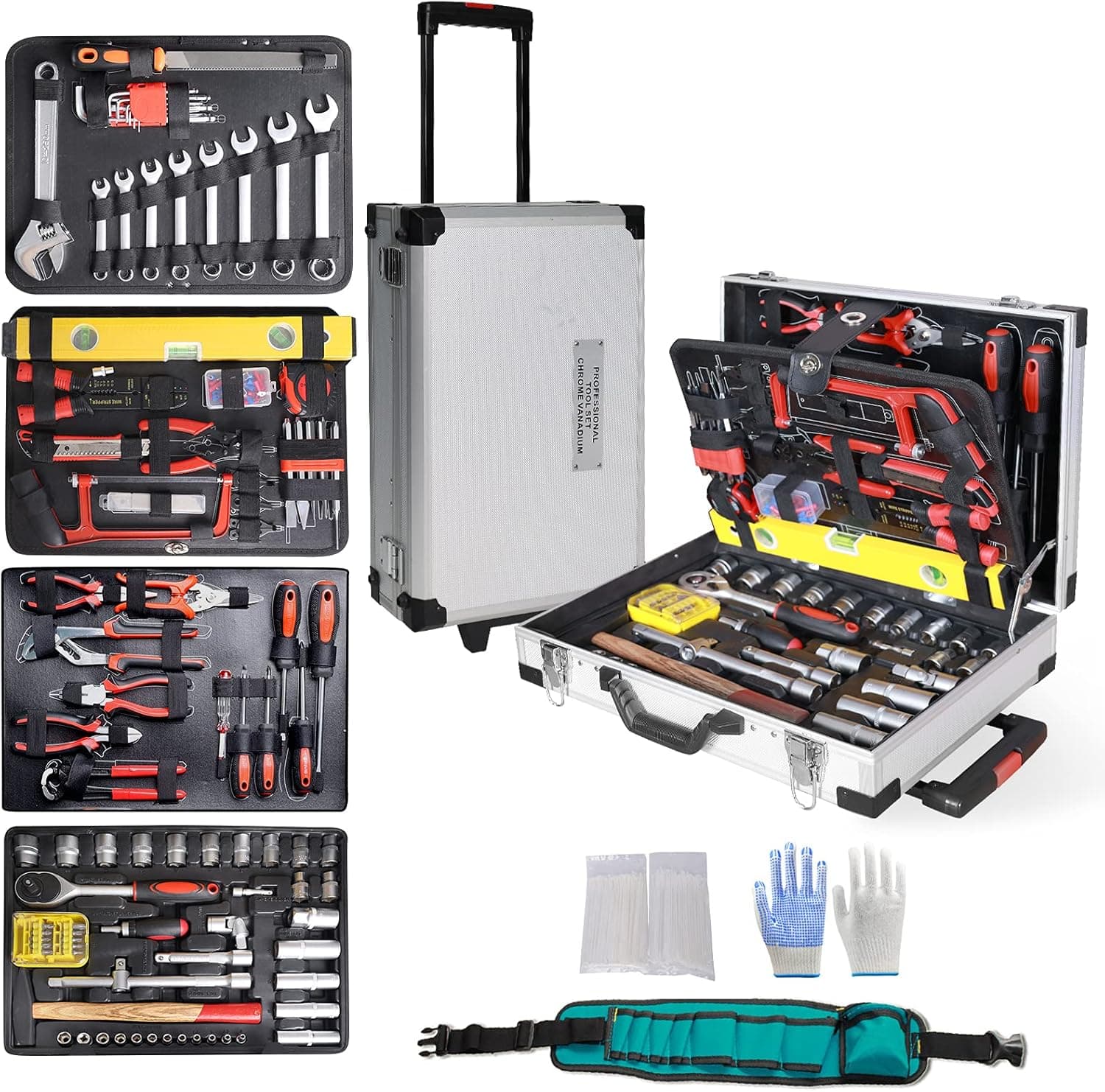 Tool Set, Home Tool Kit, 2021 Upgrade 4-Layer Household Hand Tool Set, Full tool sets，House DIY Repair Kit Set, Aluminum Trolley Case, Auto Repair Tool Set for Men